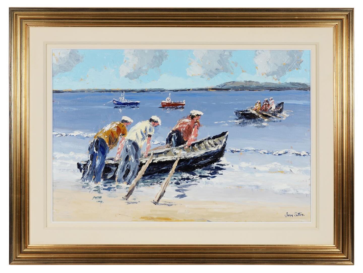 SOLD. €1800. SHEPPARDS AUCTION TONIGHT @ 6pm. Lot 239.”Launching the Currach “oils. 20/30ins. Online bidding now. Phone bidding 086 8050639