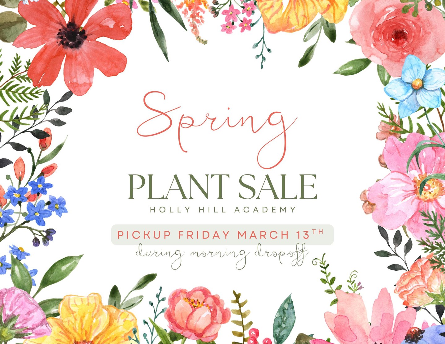 🌿 Spring Plant Sale is LIVE! 🌿
Get your plants today for just $20 each and get your porch ready for spring! 🌷
Order here: https://hollyhillacademy.betterworld.org/events/spring-plant-sale-2026
Prefer paper? Check your email for the order form.
Orders close Friday, March 6
Pickup Friday, March 13 during morning drop-off
Don’t wait — these always go fast!