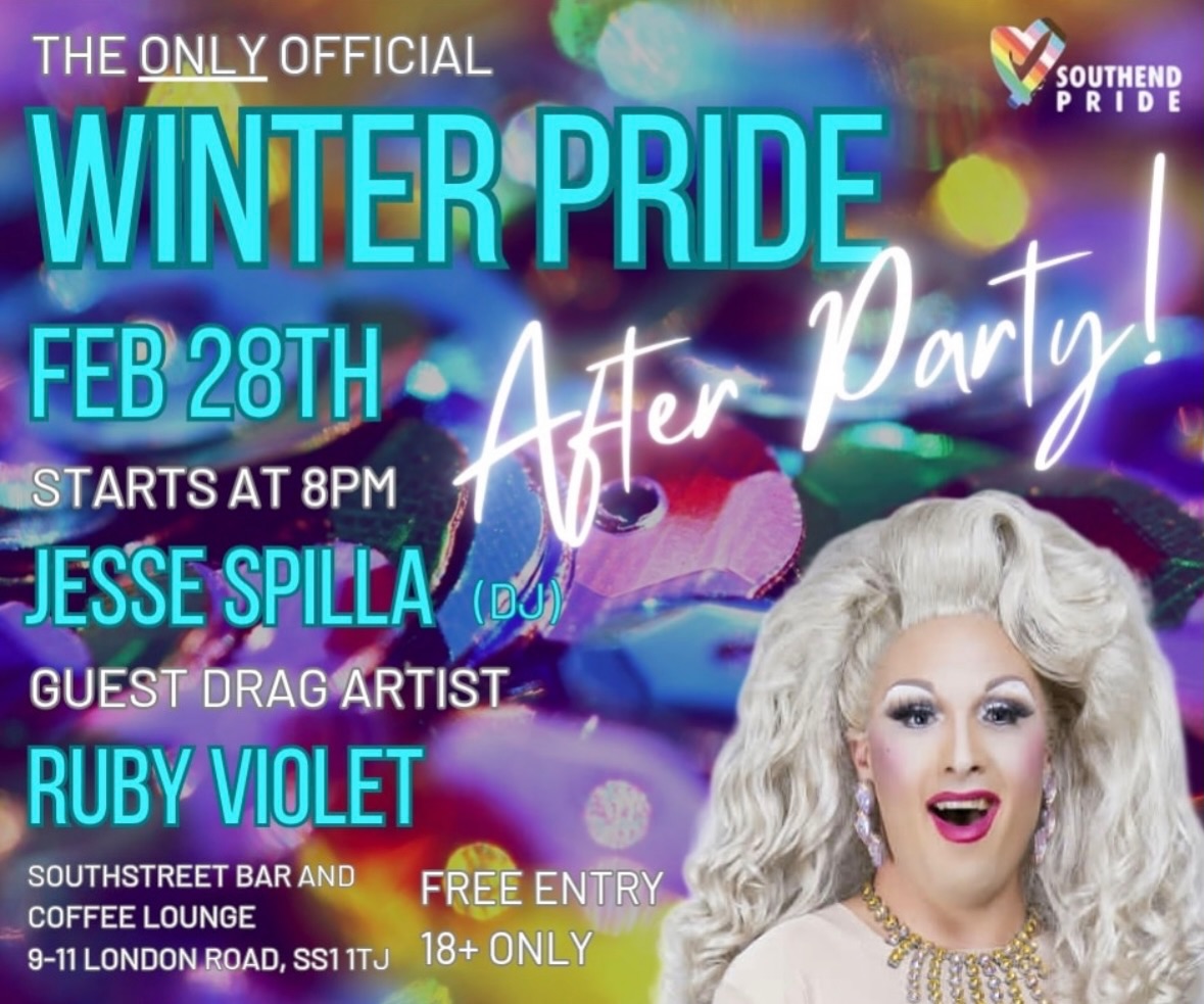 Join us on Saturday 28th February for the official Southend Winter Pride afterparty!
If you were part of the crowd at The Cliff, you can expect that familiar energy, inclusive atmosphere and a dancefloor that feels like home.
✨ What to expect:
- Free entry all night
- Live drag performances
- Drinks deals
- Pride anthems, disco, house and music made to move to
- A welcoming space for the whole LGBTIQA+ community and allies
🎧 Live entertainment:
Ruby Violet (Drag Artist)
Jesse Spilla (former resident DJ at The Cliff)
📍 South Street Bar & Coffee Lounge
9-11 London Road, Southend-on-Sea, Essex
🗓️ Saturday 28 February 2026
⏰ 8pm till late
🎟️ Free entry | 18+
Whether you’re carrying on from the daytime Pride celebrations or just want a great night out with good people, this is where we’ll be dancing it out.
Everyone welcome. Come as you are.
Link in the bio!