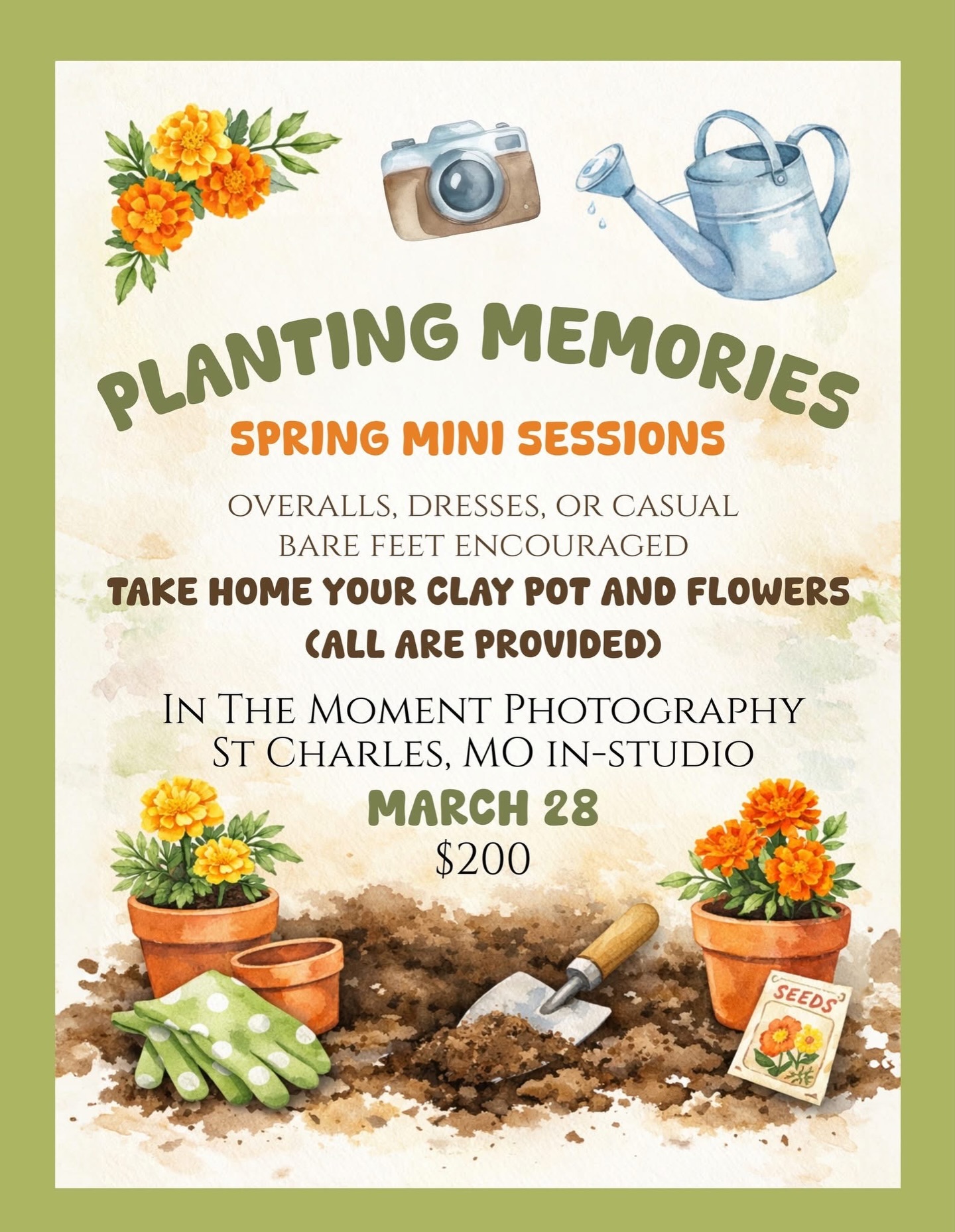 ANNOUNCING: All new SPRING minis in the St Charles studio! 💐
🪴 bare feet and flowers
🪴overalls, jeans, or dresses (make it as casual as you’d like)
🪴photos on white backdrop before, during, and after potting flowers
🪴 kids will bring their clay pot and flowers home
🪴 pots, flowers, dirt, shovels, watering can, gloves provided
🪴 $200 / 20 minutes up to 2 kids; additional children +$25 and +5 min; sibling photos included; kids only.
🪴 booking link in bio