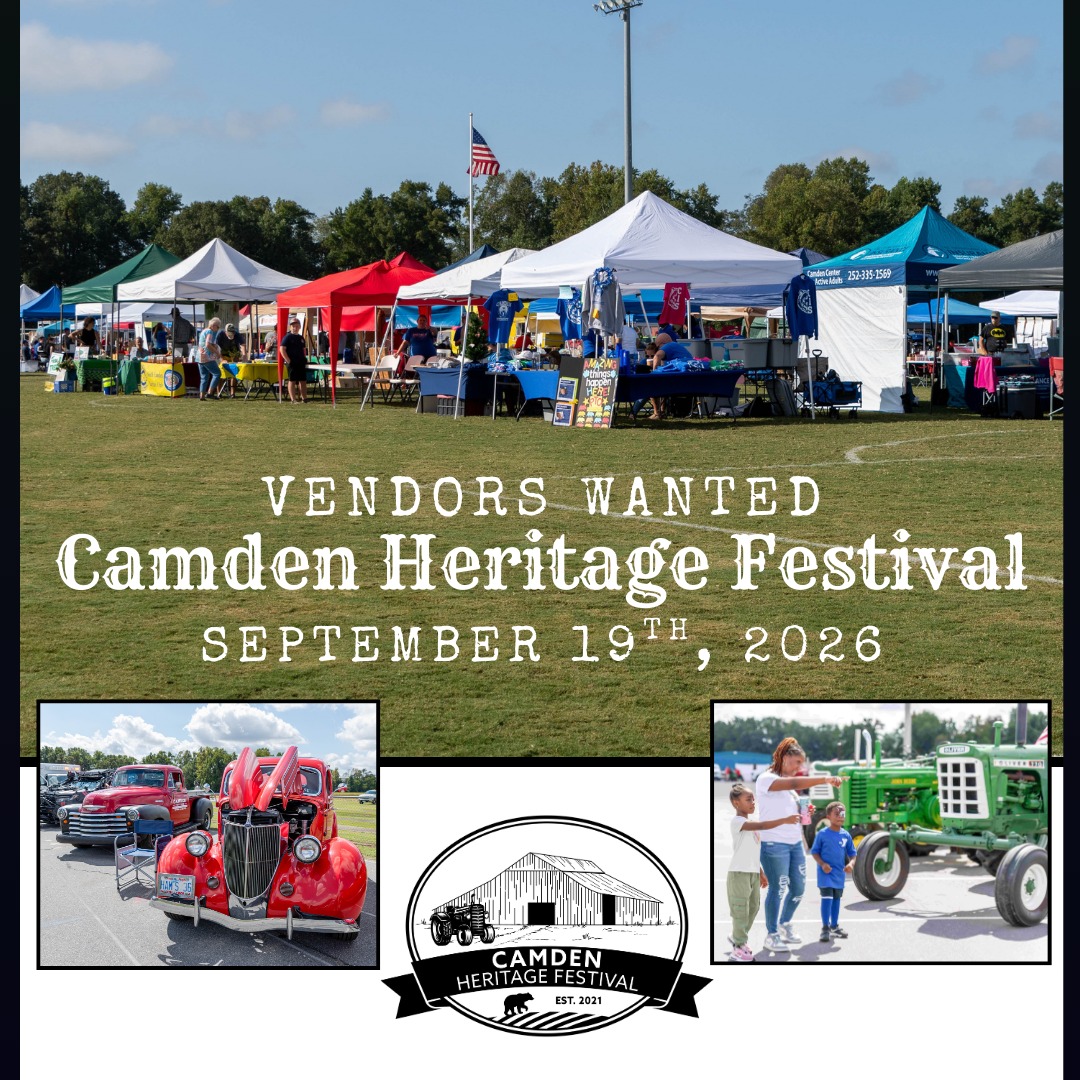 Camden Heritage Festival is looking for Vendors!
Contact 252-621-3940 or heritagefestival@camdencountync.gov
for more information!
Event Info:
Sept 19th, 2026
10am to 3pm
at the Camden Community Park
#foodtrucks #vendors #crafters #demonstrations