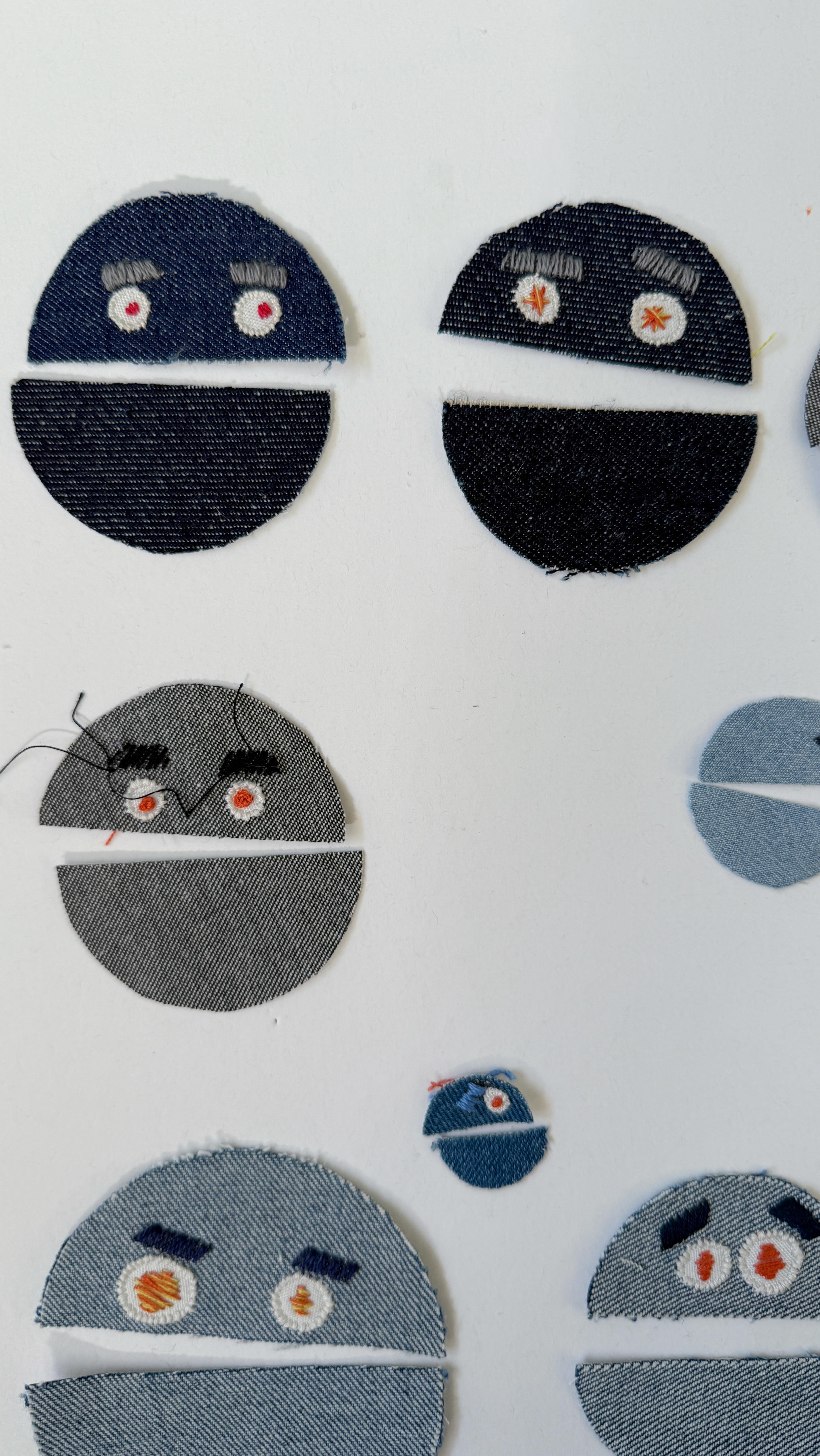 Mr. Eyebrows is a gift that keeps on giving. I was thinking, because he didn’t go to QuiltCon, and I didn’t include him in the Off the Grid gallery, that he at least deserved another post or two.
The last couple seconds of this reel is from… I’m slightly embarrassed to share this… a video I recorded where I had one of the little denim faces give a tour of the whole quilt and talk about each character. I never shared that video but I sure laughed a lot while I was filming it.
And a denim face saying another denim face is having an existential crisis, well that about sums up 2026 for me so far. I think I’ve been spending too much time on the internet and I need to touch grass(?), or whatever it is the youngsters are saying these days.
#denimart