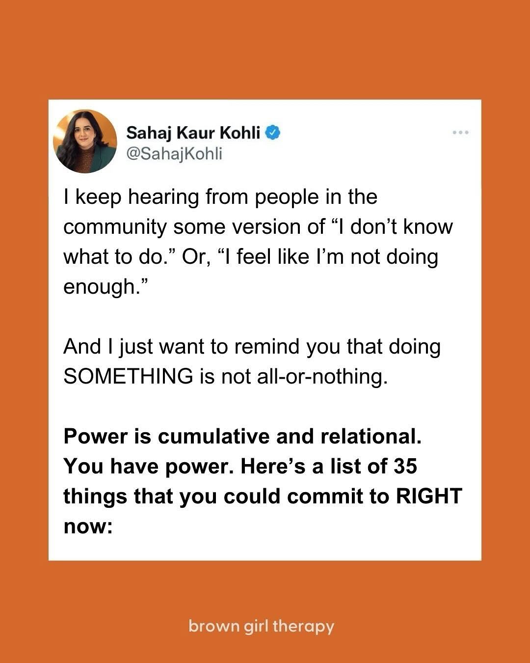 With so much violence, cruelty, and destruction unfolding—birthed from longstanding oppressive systems—it’s natural to succumb to learned helplessness, a psychological phenomenon in which “an individual continuously faces a negative, uncontrollable situation and stops trying to change their circumstances, even when they have the ability to do so.” —Psychology Today.
Meaning, we can shut down and become paralyzed, feeling like, I am only one person, how can I possibly have an impact?
Our power is in the collective, in community.
I have found such inspiration and empowerment through the words of wisdom by @sahajkohli @browngirltherapy in recent years.
This @sahajkohli post I am resharing dates back to January 2026, but remains evergreen in its universal truths.
As much as the heaviness of these intense times can feel like wave after crushing wave—making it hard to surface and catch our breath—the reality is that there is an equally if not more powerful movement across THE PEOPLE globally towards community organizing, kindness, peace, justice, protecting the earth and all living beings, dismantling the patriarchy, white supremacy, and other oppressive forces—all towards a better, more humane, sustainable future.
Don’t let the megalomaniac billionaires and propaganda bots tear you away from this truth.
❣️❣️❣️❣️