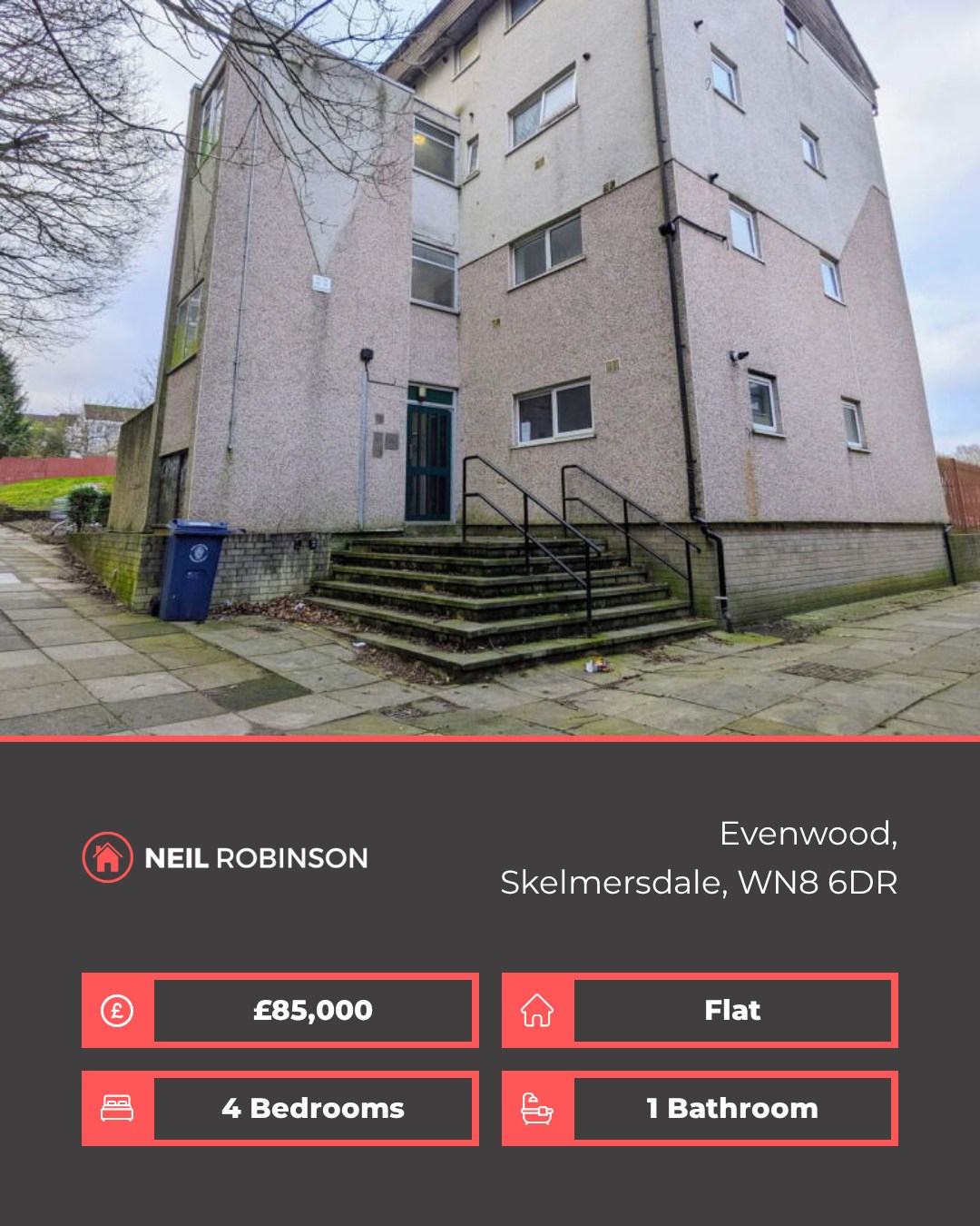 ✨ Featured Property For Sale ✨
📍 Evenwood, Skelmersdale, WN8 6DR
🏠 4 Bedroom, Flat. £85,000
Spacious four bedroom ground floor apartment for sale a purpose built apartment block situated in Evenwood, Skelmersdale.
◾ Spacious Ground Floor Apartment
◾ Fitted Kitchen & Dining Area
◾ Large Lounge
◾ Four Bedrooms
◾ Modern Fitted Bathroom
◾ Communal Garden
◾ Communal Parking
◾ Leasehold Details TBC
◾ Viewings Recommended
◾ No Chain!
For more information please visit our website or contact us via:
📍 | Skelmersdale Office
📞 | 01695 355110
🌎 | www.neilrobinson.co.uk