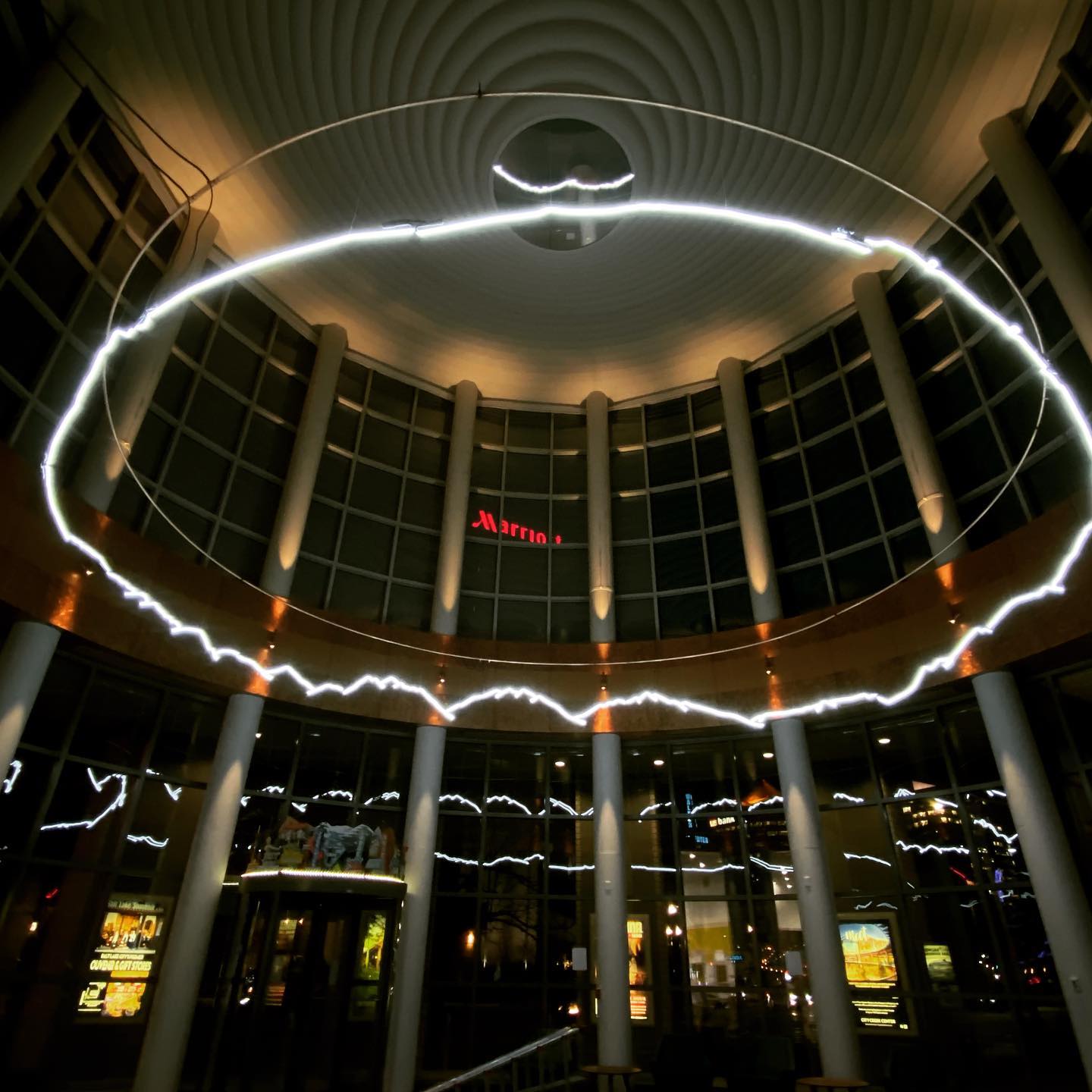 This is my recent installation in collaboration with Christophe Henderson. Tricky photo but it is at the Salt Lake visitors center. It’s 30’ across. Suspended and it outlines the actual mountains.
