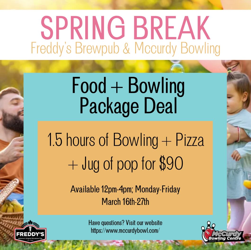 Make this year’s Spring Break easy for everyone!!🎉
1.5 hours of bowling + a Pizza + a jug of pop all for just $90!!!
Monday - Friday: 12pm - 4pm | March 16th - 27th
Limited lanes, high demand. Book your lanes today and lock in the fun before it’s gone!!
#dealsfordays #bowling #familyfun