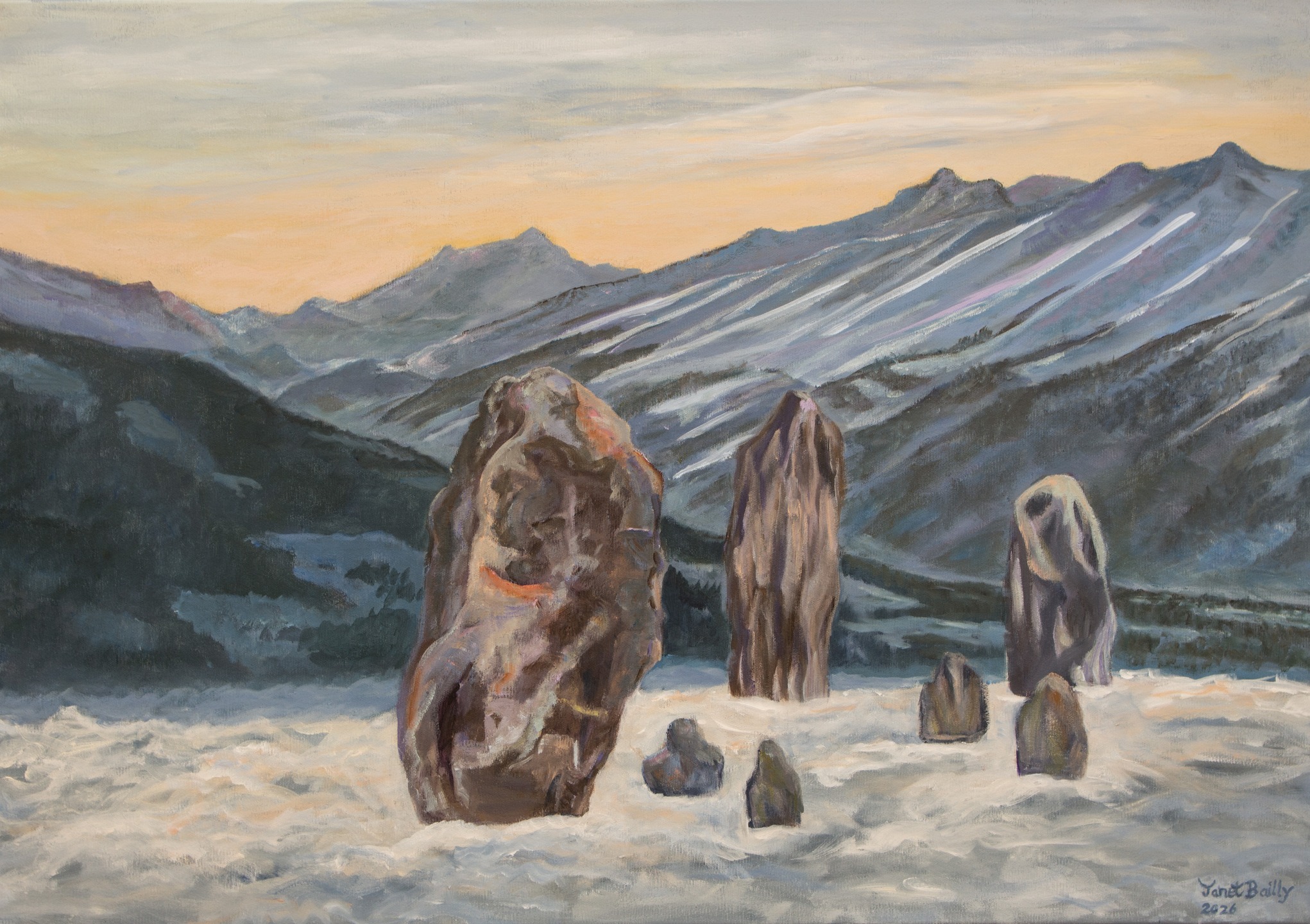 A dialogue of SPIRIT, shape and form between: the Kandertal seen from Beatenberg with the menhirs of Clendy (Yverdon) seeming to rise from the swirling fog over the Lake of Thun.
Spirit of the Alps, GSBM annual exhibition summer 2026