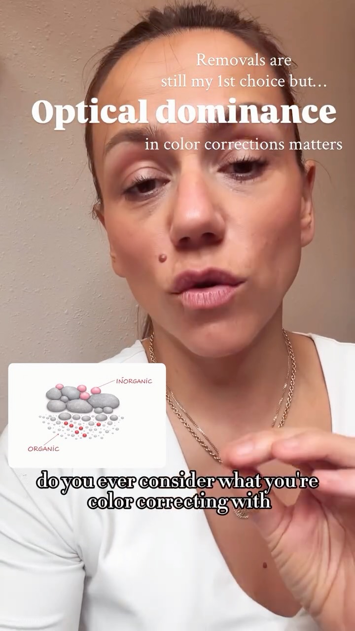 What you’re seeing here is a concept called optical dominance.
In permanent makeup, pigments do not sit in neat stacked layers inside the skin. Both the old pigment and the newly implanted pigment exist within the same dermal environment, held by cells such as fibroblasts and macrophages. What we actually see on the surface is influenced by how light interacts with the pigment particles in the skin.
Inorganic pigments typically have larger, more opaque particles. Because of that opacity, when they are implanted during a correction they can create optical dominance. Even though the previous pigment is still present in the skin, the more opaque inorganic particles can visually mask or soften what sits deeper in the tissue.
Carbon and other organic pigments tend to have smaller particles and stronger chroma. Over time they can disperse slightly within the tissue, which may make them appear softer or more diffused. When a more opaque pigment is implanted afterward, the eye often perceives the new pigment more strongly.
So in correction work we are not truly layering pigments like paint. Instead, we are working with light, particle size, opacity, and optical dominance to influence what becomes visible in the healed result.
Understanding these optical effects is one of the keys to predicting how permanent makeup heals and how successful a correction will be.
#pigmentology #pigmentscience #pmuartist #permanentmakeup #permanentmakeupartist