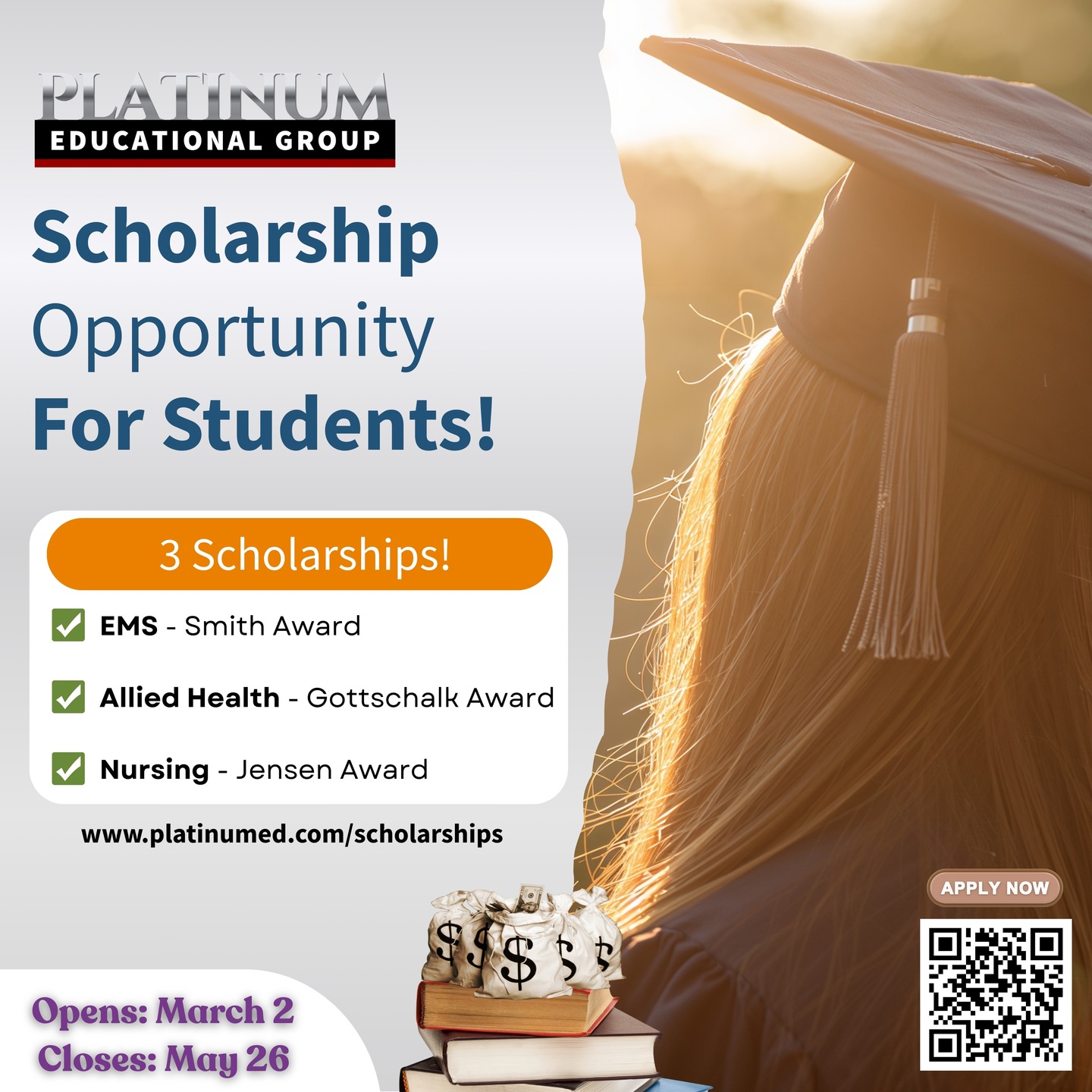 đ Itâs here! Our Spring Scholarship Award 2026 is now OPEN!
Weâre proud to support students pursuing EMS, Nursing, and Allied Health programsâhelping offset educational costs and honoring their dedication to vital healthcare fields. No essay required!
Apply now through the link in our bio and take the next step toward your future!
#PlatinumEdScholarships #HealthcareEducation #FutureHealthCareProvider