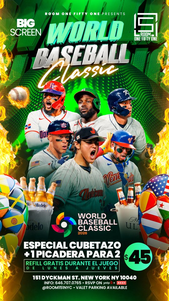 The World Baseball Classic hits the big screen starting March 5!
Catch every play, every moment, and every win with the best vibes, cold drinks, and amazing food 🍻
🍺 Special Deal: Bucket + Appetizer for 2 — $45
♻️ Free refill during the game
Bring your crew, feel the energy, and enjoy the game like never before. Game time starts here.
#Room151 #Room151NYC #WorldBaseballClassic #BaseballVibes #GameNight NYCNightlife