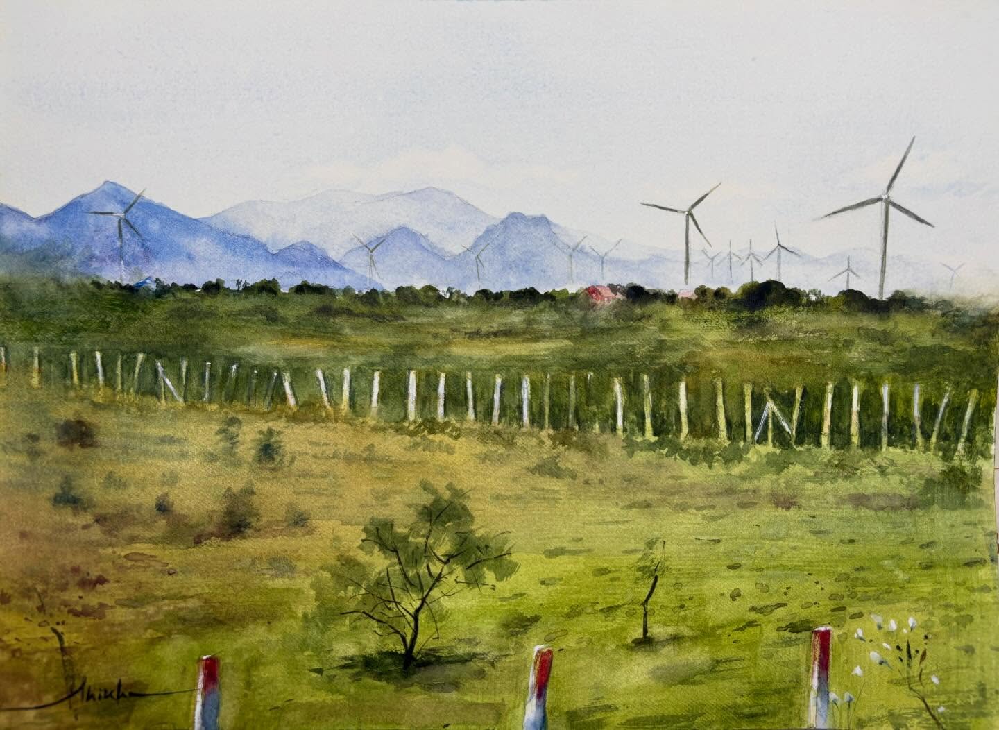 Wind turbines
Watercolor from my series ‘Light and memories’
Did you know South India is a primary hub for wind energy with Tamil Nadu leading in production? Blessed with strong Arabian Sea winds it seems.
Watercolour, watercolour painting, watercolour landscapes