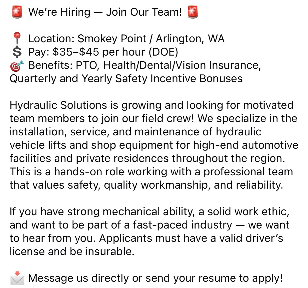 🚨We are hiring!🚨
📩 Message us directly or email your resume to info@hydraulicsolutions.net to apply!