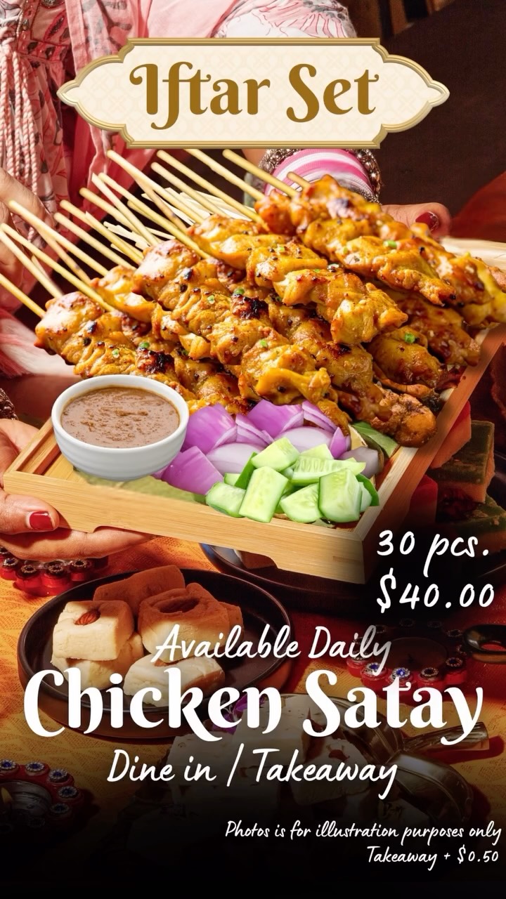 Enjoy Your Iftar Moments With Us
Break your fast with comforting flavours and the warmth of good company.
This Ramadan, experience Iftar served with intention, generosity, and heart, a truly graceful way to gather and give thanks.
✨ Iftar Set Menu Includes:
Tombok Signature Chicken Wings or Chicken Cutlet
Penang Kari Kapitan
Fried Eggplant & Lady Finger with Long Bean Sambal
Curry Vegetables
Beef Rendang
Choice of Blue Pea Rice or Mee Siam
Hard-Boiled Egg
Or indulge in our sharing favourite:
🔥 30 pieces of Chicken Satay served with onions, cucumber, and rich peanut sauce.
Celebrate the spirit of Ramadan with flavours that feel like home.