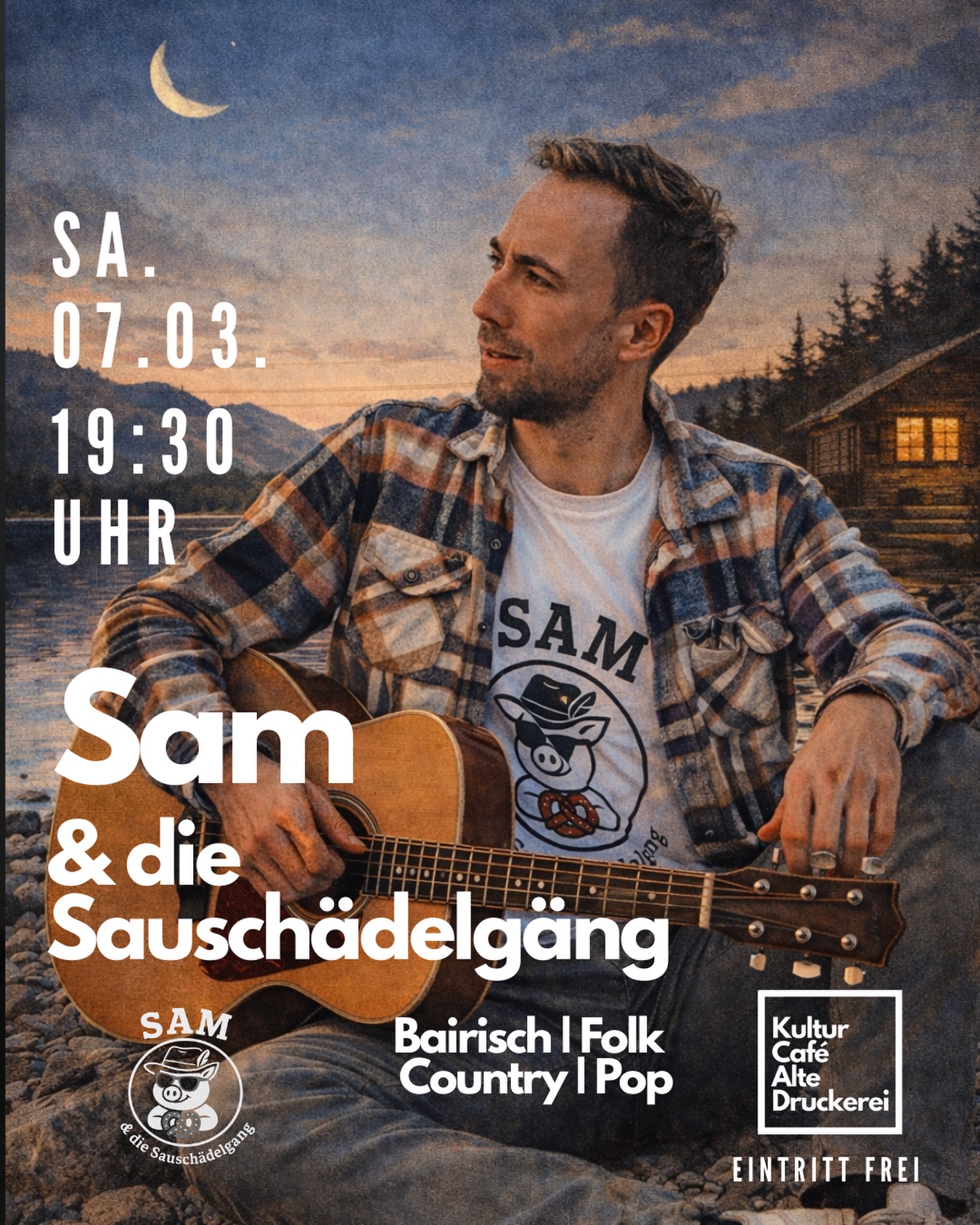 Livemusik | Sa. 07.03. | 19:30 Uhr | Eintritt frei!
Sam & die Sauschädelgang
- das ist bairische Musik, die zugleich nach Heimat und Fernweh klingt. Verwurzelt im Fichtelgebirge und zuhause in München bringt Sam einen warmen, akustischen Sound auf die Bühne, der Folk, Country und Pop auf ehrliche Weise verbindet.
Mit Gitarre, Mundharmonika und seiner unverwechselbaren Stimme erzählt Sam Geschichten vom Fliagn und Foin, vom Scheitern und Weitermachen, von kleinen Wahrheiten und großen Gefühlen – bodenständig, humorvoll und immer authentisch.
Im Mittelpunkt stehen eigene Songs auf Bairisch: Mal kraftvoll und mitreißend zum Mitsingen, mal leise und berührend zum Mitfühlen - irgendwo zwischen Lagerfeuer-Romantik, Roadtrip-Vibes und Bierzelt-Feeling. Ein bisschen, als hätten sich Wolfgang Ambros, Bruce Springsteen, Bryan Adams und STS zum Musikmachen in der Kneipe verabredet.
Sam & die Sauschädelgang bietet einen Abend, der nachwirkt – ehrlich, nahbar, charakterstark mit ganz viel Gfui.