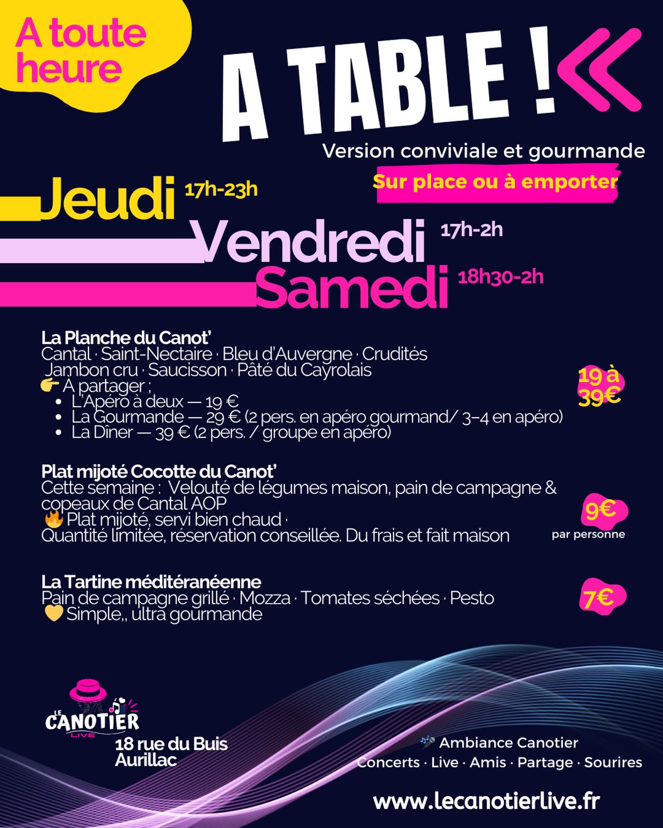 🍹💃🪩 CETTE SEMAINE ON NE FAIT PAS LES CHOSES À MOITIÉ
(on préfère les faire en miniature, en latino… ou jusqu’à 2h du mat)
📍 Aurillac – 18 rue du Buis
🎟️ Entrée libre toute la semaine (oui oui)
⸻
👉 JEUDI 26 FÉVRIER | 17h → 23h
🍸 After dégustation – spécial cocktails
Le concept est simple (et malin) :
👉 des cocktails en version mini
👉 pour pouvoir en goûter plusieurs
👉 l’équivalent de 3 cocktails pour le prix d’1
(Oui, c’est délicieux.)
⸻
👉 VENDREDI 27 FÉVRIER | 17h → 2h
💃 Soirée Latino SBK
Salsa – Bachata – Kizomba
Tu danses, tu transpires, tu reviens au bar, tu recommences.
Classique. Efficace. 🔥
⸻
👉 SAMEDI 28 FÉVRIER | 18h30 → 2h+++
🪩 WORLD MUSIC NIGHT
👉 La boîte… pour ceux qui n’aiment pas les boîtes
Du son, de l’espace, des gens sympas, pas de bousculade inutile, des prix justes.
⸻
🍽️ ET POUR MANGER (SUR PLACE OU À EMPORTER)
🥓 Les Planches du Canot’
👉 produits du terroir
👉 de 9€ (solo) à 39€ (grande planche à partager)
🥣 La Cocotte du moment – 9€
Velouté de légumes maison, pain de campagne & copeaux de Cantal AOP
(le genre de plat qui te fait dire “ah oui quand même”)
🍅 Tartine méditerranéenne – 7€
Pain grillé, mozzarella, tomates séchées, pesto 🌞
⸻
⚠️ Réservation très vivement conseillée
Parce que les bonnes idées circulent vite 😉
lecanotierlive.fr ou 07/81/63/06/56
📞📩
Le Canotier Live – Aurillac
💙
Ici, on boit bon, on mange simple, on danse libre…
et on ne se prend jamais trop au sérieux.