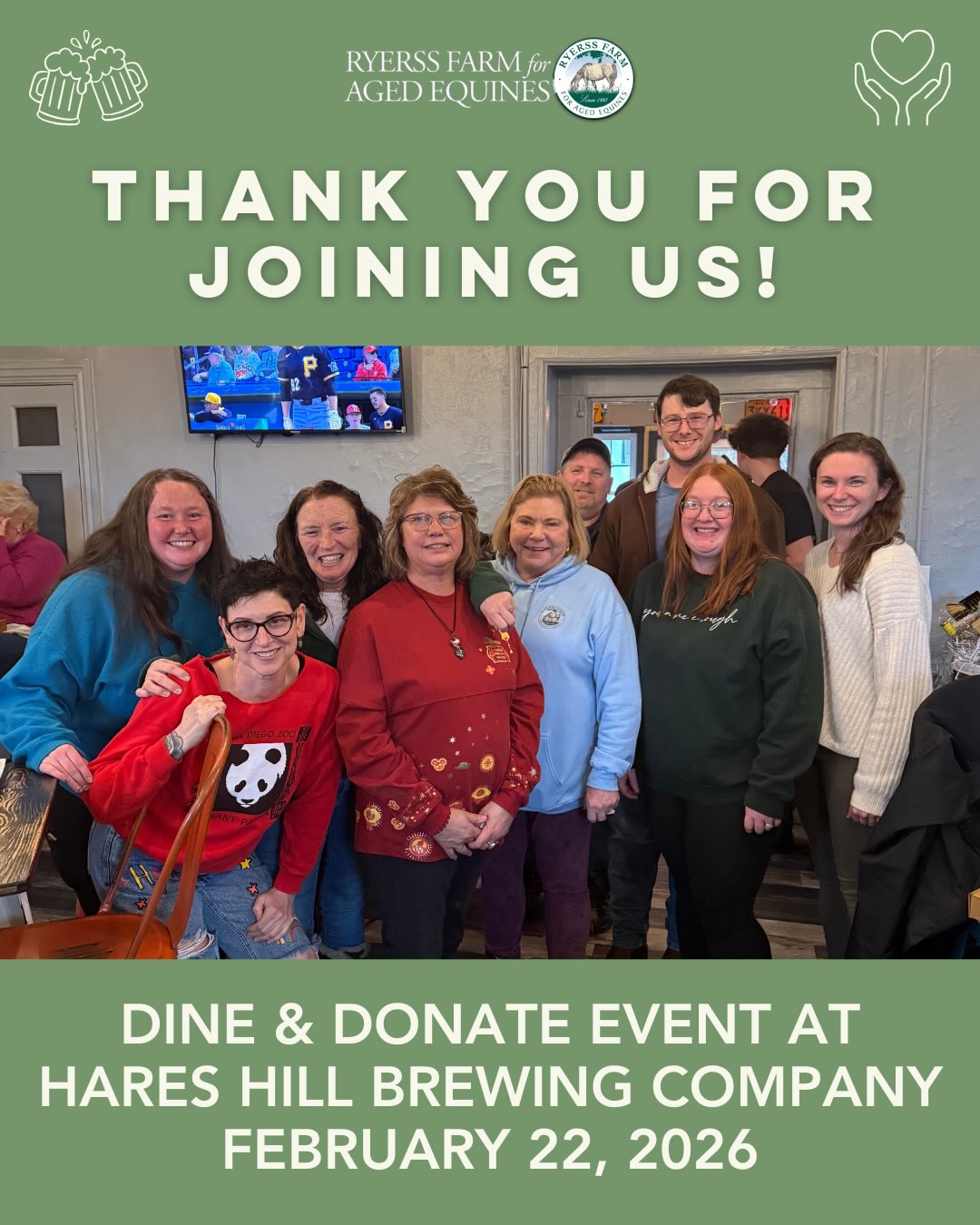 Thank you to everyone who joined us yesterday, February 22nd, at Hares Hill Brewing Company for our “Raise the Roof for Ryerss” Dine & Donate event! 🍽️🐴 We’re grateful to the restaurant for donating 10% of food sales during it. Congratulations to our raffle basket winners! Shoutout to our incredible volunteers for putting them together.
Your support brings us one step closer to a new roof for our stables. If you couldn’t make it, join us for one of our upcoming events or donate to support a healthy retirement. Link in bio!