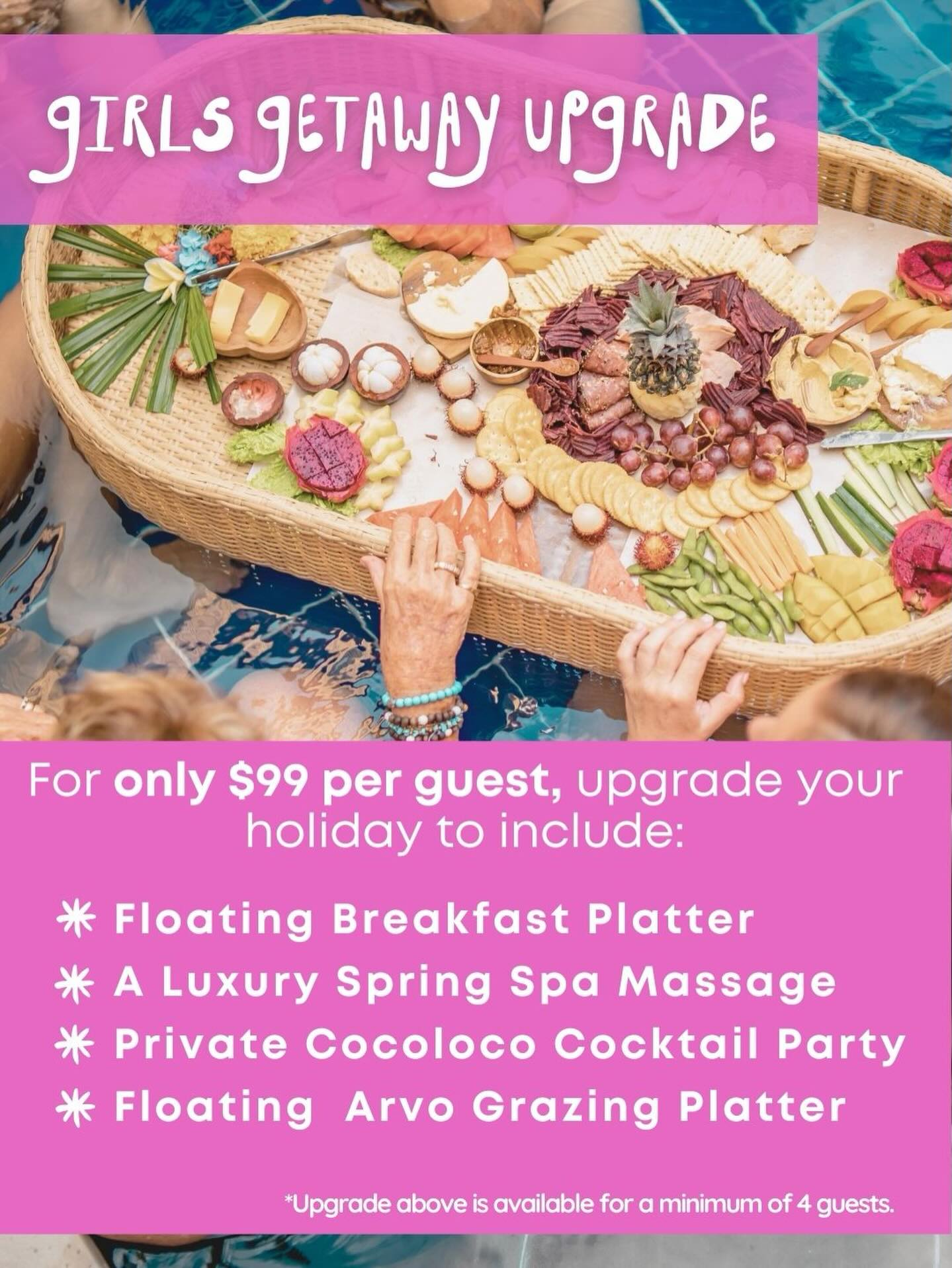 Did you know every Saudara stay is completely customisable?🤩
You lock in your dates and villa, then build your trip your way. We’ve got a long list of extras you can add-on depending on the kind of holiday you want.
From time to time we highlight a few favourite bundle add-ons and right now this one is a hit with our girls groups.
Most of our Girls Getaways stay at Saudara Palm or Saudara Sirena. Both are super pretty, full of palms, great for photos and set up with single beds so no one’s stuck sharing 🛌 🌴
For $99 per guest you can upgrade your stay to include
⭐️ Floating breakfast platter
⭐️ Luxury in-villa spring spa massage
⭐️ Private Cocoloco cocktail party
⭐️ Floating grazing platter
It’s the kind of add-on that takes a standard girls trip and turns it into the one everyone talks about long after you’re home. Minimum 4 guests for this upgrade.
Checkout our Holiday Add Ons page to create your own customisations!
#saudaravillasbali #baligirlstrip #seminyakvillas #girlsgetaway #balivillalife
