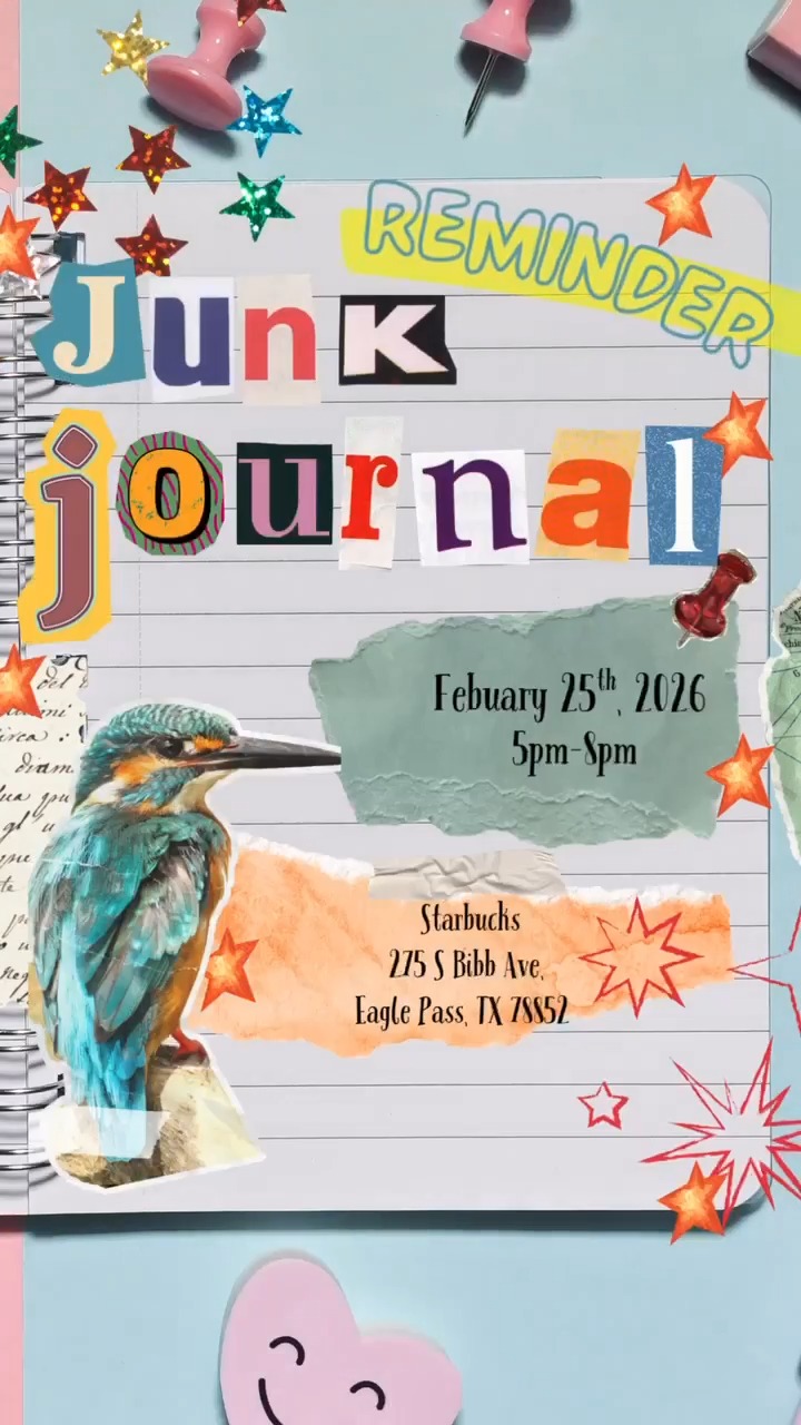 REMINDER:
📓✨ BAS Junk Journal Club Meet-Up
Join us this Week!
🗓️ Wednesday, February. 25, 2026
🕔 5:00 PM – 8:00 PM
📍 Starbucks | 275 S Bibb Ave Eagle Pass, TX 78852
Come spend the evening getting artsy. Work on your journal, make paper collages, or simply hang out with other creative minds. Whether you’re a regular or it’s your first time, you’re always welcome to join us.
✂️ Don’t forget to bring your journals, junk, scissors, and glue.
Let’s create, relax, and connect. 💛
_______
📓✨ Reunión del BAS Junk Journal Club
¡Acompáñanos esta semana!
🗓️ Miércoles, 25 de febrero de 2026
🕔 5:00 PM – 8:00 PM
📍 Starbucks | 275 S Bibb Ave, Eagle Pass, TX 78852
Ven a pasar la tarde poniéndote creativo. Trabaja en tu journal, haz collages de papel o simplemente convive con otras mentes creativas. Ya seas parte del grupo o sea tu primera vez, siempre eres bienvenido.
✂️ No olvides traer tu journal, recortes, tijeras y pegamento.
Vamos a crear, relajarnos y conectar. 💛
Video by @jacqueline.perezz