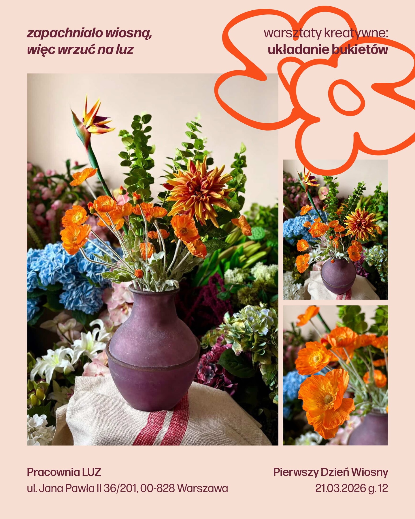 warsztat z układania bukietów z @boeket.flowers 💐
“zapachniało wiosną, więc wrzuć na luz” w pierwszy dzień wiosny 🍃
w planach:
- Krótka historia bukietów
- Ciekawostki
- Jak przedłużyć trwałość bukietu? Life hacki.
- Teoria łączenia kolorów
- Typy bukietów, w tym jednostronne, okrągłe i podwójnie wydłużone
- Układanie bukietów
- Wiązanie bukietów – sznurki, wstążki, tasiemki
- Pakowanie bukietów w papiery ozdobne i folię
🎟️ złapcie bilety na stronie luzwarsztaty.com/bukiety
#bukiety #florystyka #warsztat #kreatywność #warsztatykreatywne