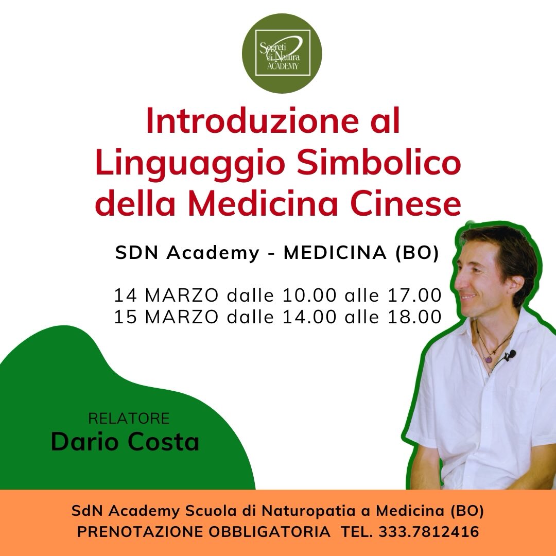 Sdn Academy presenta:
INTRODUZIONE AL LINGUAGGIO SIMBOLICO DELLA MEDICINA TRADIZIONALE CINESE
Relatore: Dario Costa
Propedeutico al Master in MEDICINA TRADIZIONALE CINESE
Descrizione Corso:
Simboli, Numeri, Archetipi.
Il linguaggio nascosto che connette Cielo, Terra e Uomo.
Prima di studiare Feng Shui, Astrologia Cinese o Medicina Tradizionale, cāĆØ un alfabeto da imparare: quello dei simboli e dei numeri che i Saggi Cinesi usavano per leggere la realtĆ .
Un incontro introduttivo per scoprire il linguaggio simbolico che sta alla base della Medicina e Metafisica Cinesi.
Esploreremo insieme alcuni numeri come chiavi di lettura della realtĆ ; in particolare:
- La coppia Yin/Yang e alcuni suoi significati
- La TrinitĆ Cielo, Terra, Uomo
- Le 4 Immagini
- I 5 Elementi
- Gli 8 Trigrammi
- I 10 Tronchi Celesti
- I 12 Rami Terrestri
Aperto a chi si avvicina per la prima volta e a chi desidera ripassare le fondamenta.
š
14 Marzo dalle 10 alle 17 e 15 Marzo dalle 14 alle 18