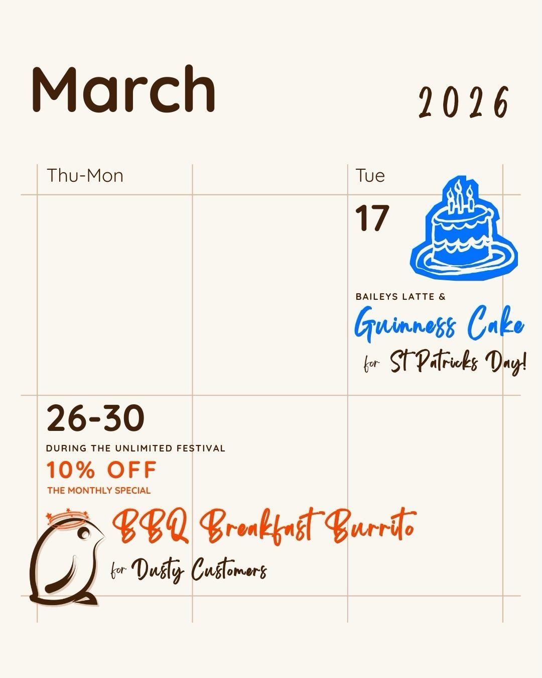 MARCH at Café Bluebird
☘️ 17 Mar - St Patrick’s Day: Guinness Cake & Baileys Lattes
🪩 26-30 - Unlimited Festival: Dusty Feed with 10% off the March special: BBQ Breakfast Burrito
#cafebluebird #chamonixeats #unlimitedfestival #stpatricksday☘️ #chamonixevents