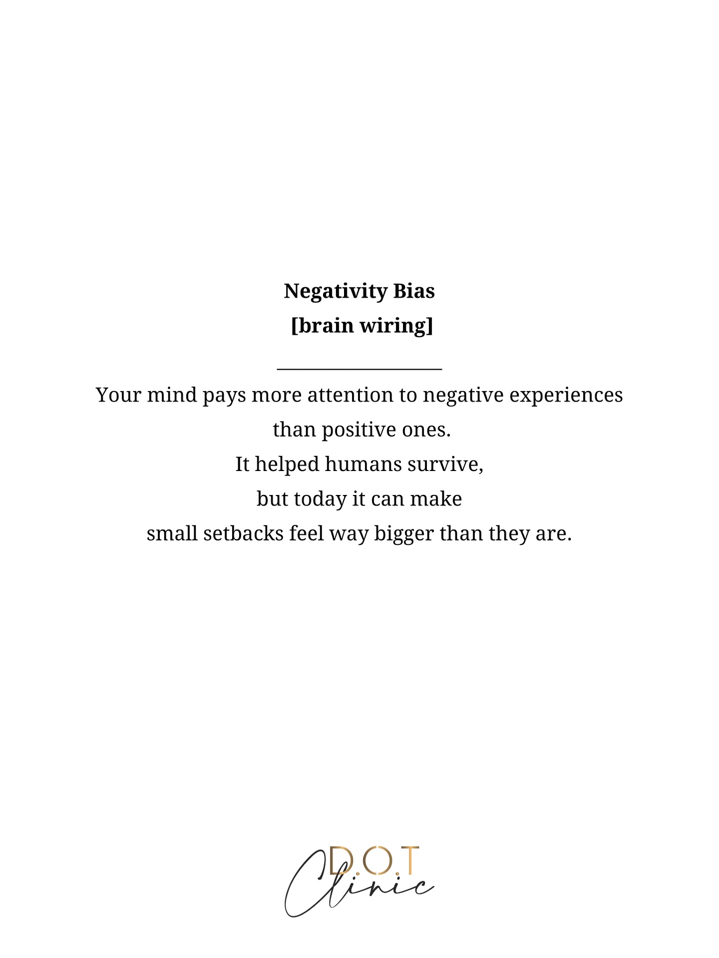 Negative bias shapes your reality.
One criticism outweighs ten compliments.
One mistake cancels ten wins.
Your brain scans for threat before it registers safety.
Pause the spiral. Challenge the thought. Train your mind to see the full picture.
#mindsetshift
#psychologyfacts
#cbt