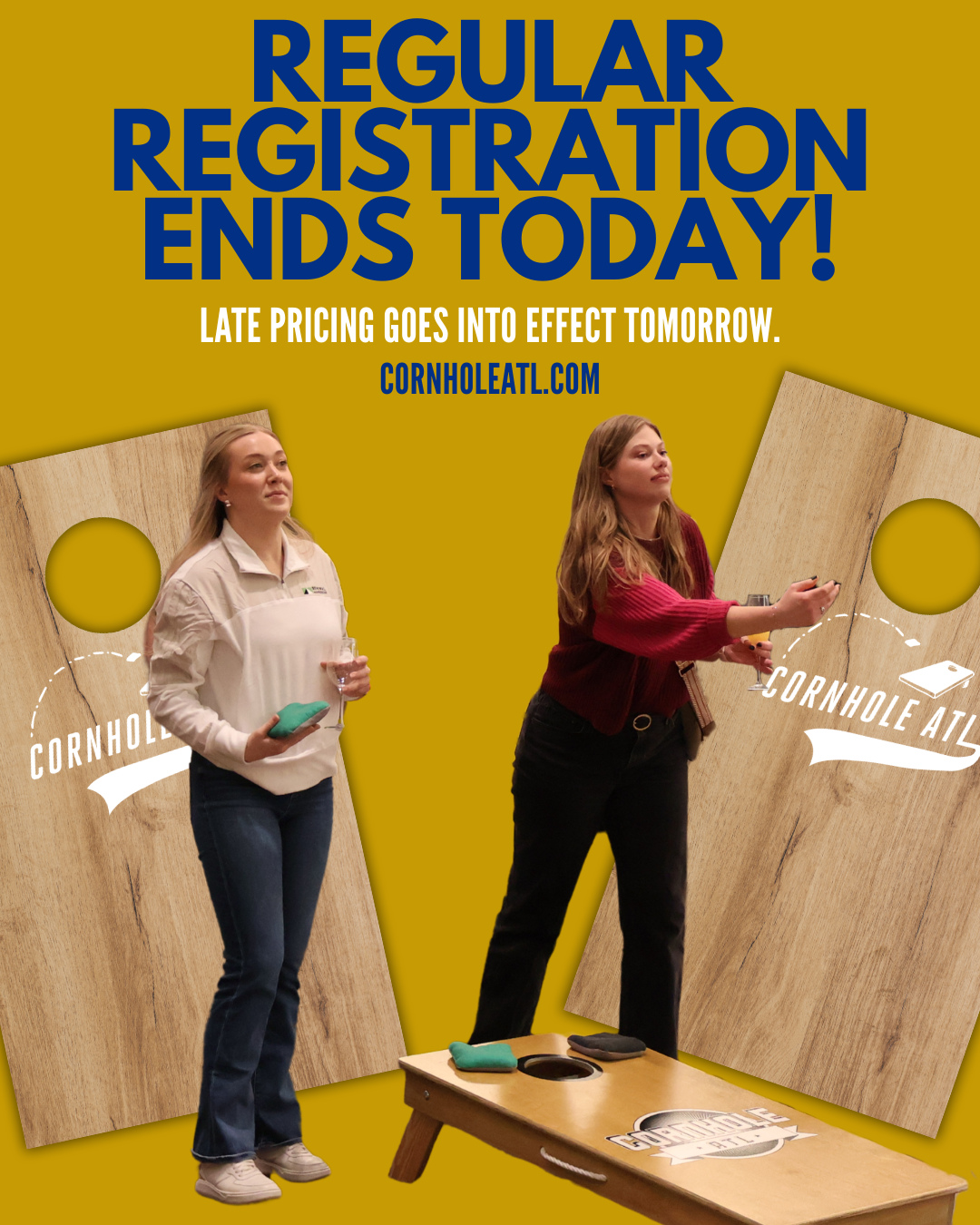 Regular registration for spring cornhole leagues ends TODAY! Late pricing kicks in tomorrow. Don't wait! ๐จ
