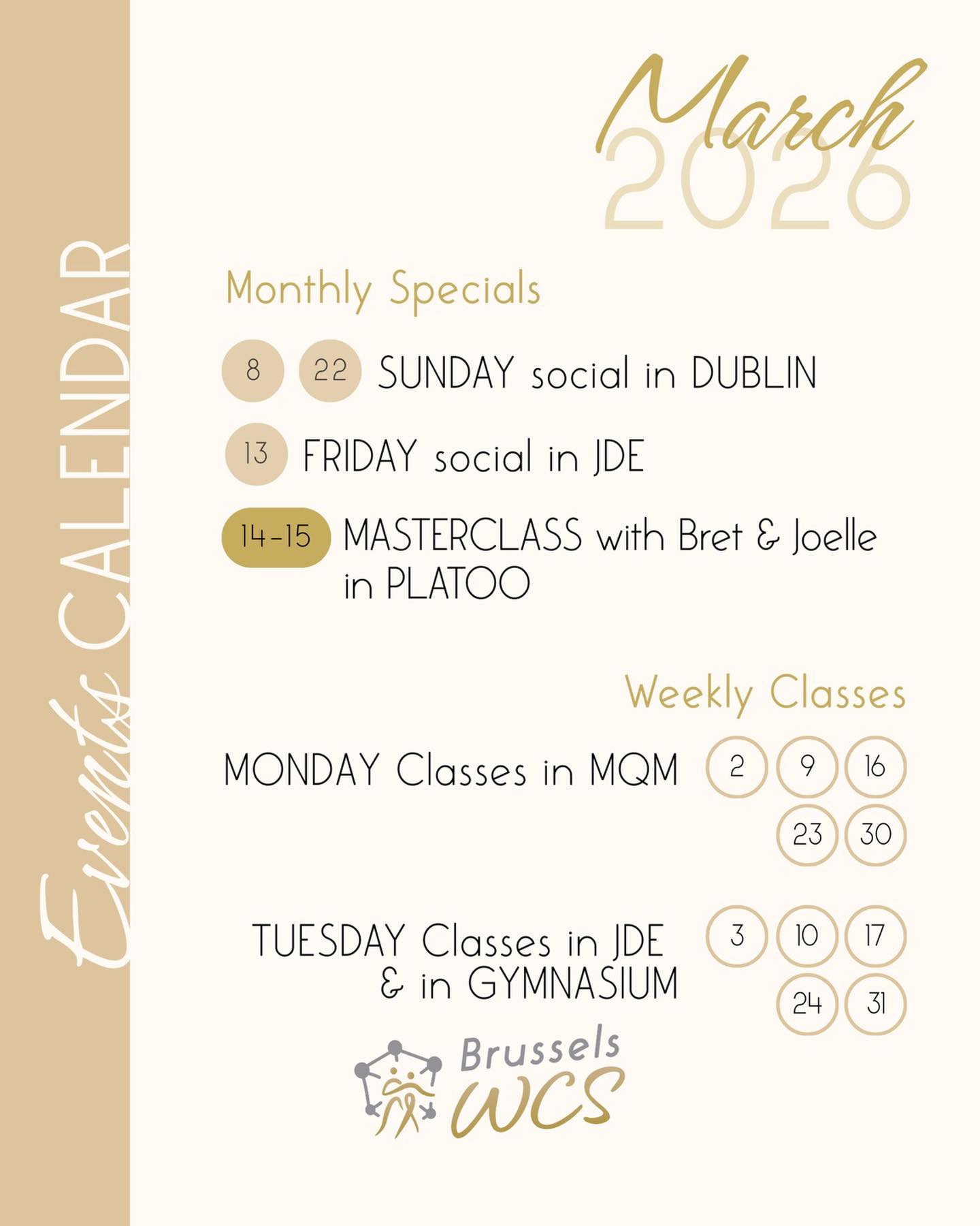 Coming up this month @brusselswestcoastswing :
1 masterclass with Bret & Joelle
3 wonderful socials and
5 times regular courses!
Get redy to dance!!!💃❤️🔥