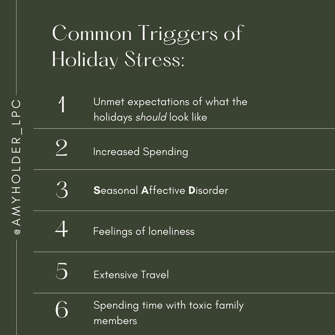 The holidays can be a stressful time for a vaiety of reasons. It’s not uncommon for people to seek out support in the form of human connections and mindfulness practices.
Be gentle with yourself this holiday season.
•
•
•
•
#HolidayStress #HappyHolidays #HolidaySelfCare #MentalHealthRecovery #MentalHealth #SelfHelpTools #SelfHelpTips #Growing #Health #PersonalGrowth #Therapy #Teletherapy #TherapistOfInstagram #moderntherapymadison #amyholder_lpc