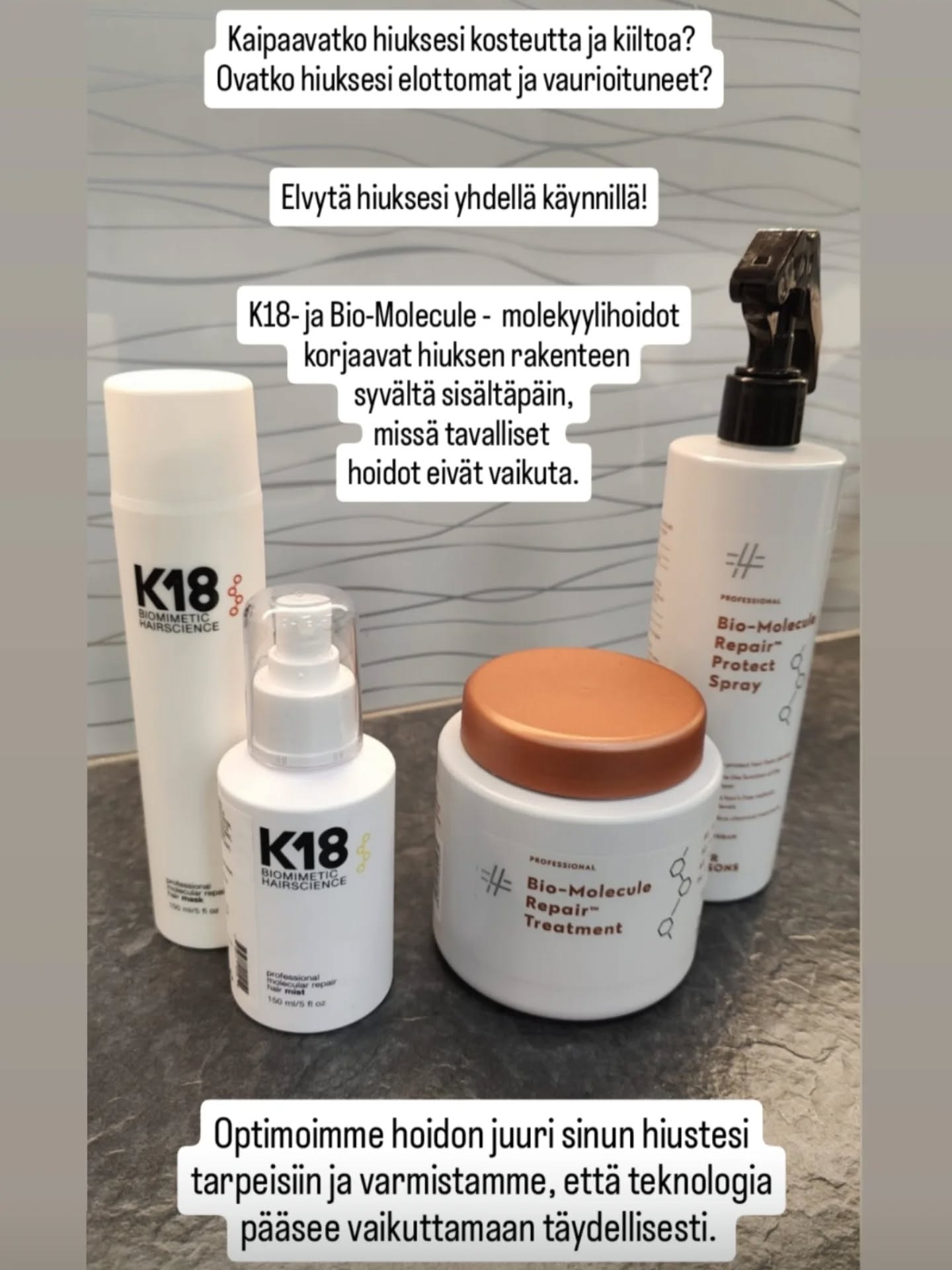 Varaa aikasi "molekyylitason elvytykseen" ja anna hiuksillesi uutta elinvoimaa! 💖
Soita liikkeeseemme 02 2377573 ✨
#molekyylihoidot #hiuksenrakennekorjaus #k18 #biomolecule #parturikampaamo #turku