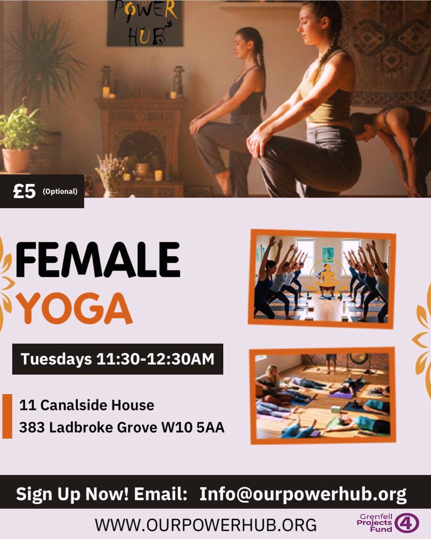 🧘♀️ FEMALE YOGA (Tuesdays 11:30–12:30)
Take a breath. Reset. Reconnect. 🧘♀️✨
Our Female Yoga Class is a calm, welcoming space to stretch, strengthen and restore.
Perfect for:
✔️ Reducing stress
✔️ Improving flexibility
✔️ Building gentle strength
✔️ Creating space for yourself
Suitable for all levels.
🗓 Tuesdays | 11:30–12:30
📍 11 Canalside House, 383 Ladbroke Grove W10 5AA
💷 £5 (optional contribution)
📩 Sign up: info@ourpowerhub.org
Your time. Your space. Your wellbeing.
#FemaleYoga #MindBodyBalance #WellnessCommunity #OurPowerHub #WomenSupportingWomen