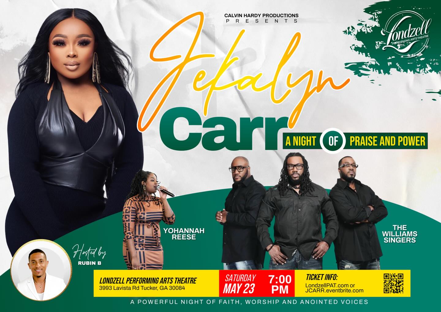 Jekalyn Carr – A Night of Praise and Power
Get ready for an unforgettable evening of worship, inspiration, and anointed music as gospel powerhouse @jekalyncarr takes the stage for A Night of Praise and Power. Known for her commanding voice and spirit-filled ministry, Jekalyn Carr delivers a dynamic live experience that moves hearts and shifts atmospheres.
Featuring @thewilliamssingers and @_yohan.nah_ , and hosted by Rubin B, this powerful night will be filled with faith, celebration, and uplifting praise.
Join us on Saturday, May 23rd at 7:00 PM at Londzell Performing Arts Theatre in Tucker, Georgia, for a worship experience you don’t want to miss.
Come expecting. Leave empowered.