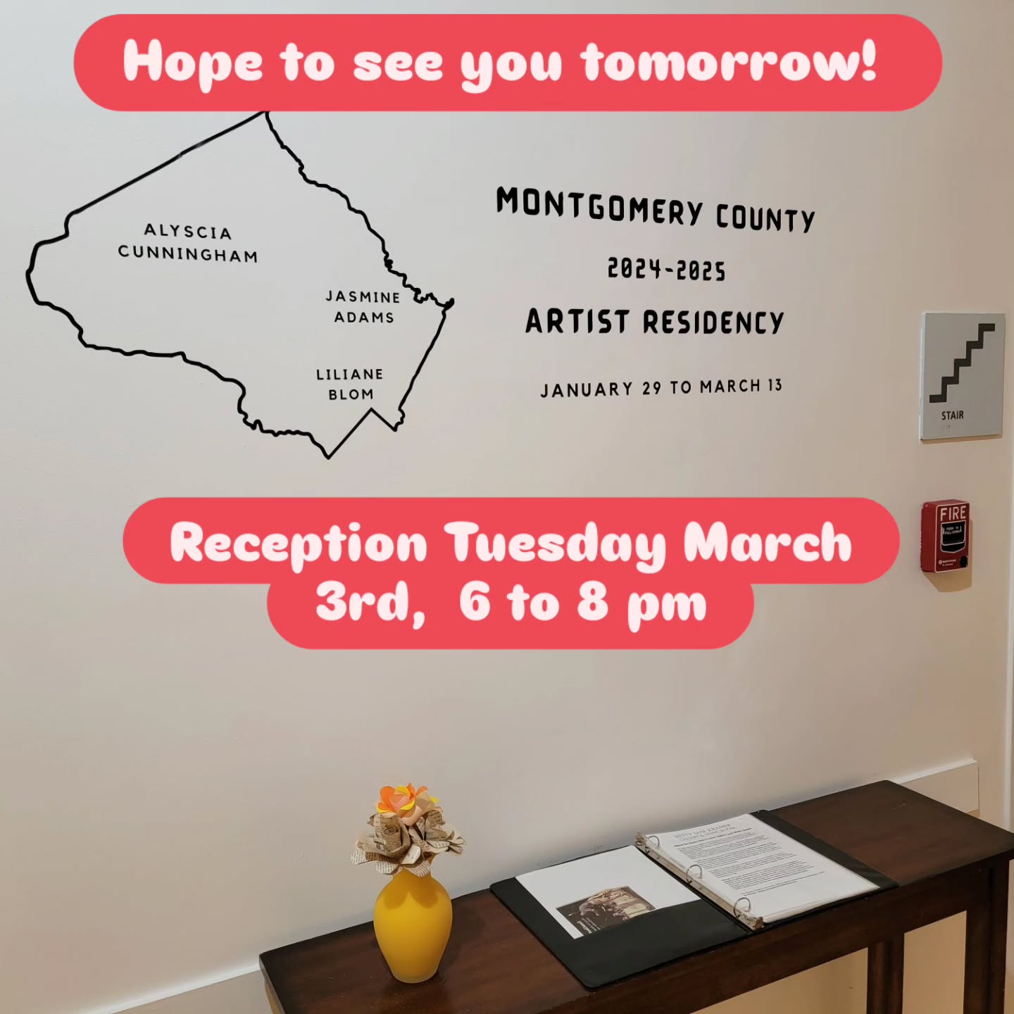 Come celebrate with Jasmine, Alyscia, and me the first cohort of Artists in Residence for Montgomery County tomorrow, Tuesday March 3rd 6 to 8 pm. Come see the time-lapse of the creation of seeds of hope. If you were one of my 50 painters, you will see yourself in action! @ Betty Kramer Gallery. One Veterans Plaza, Silver Spring, MD 20910