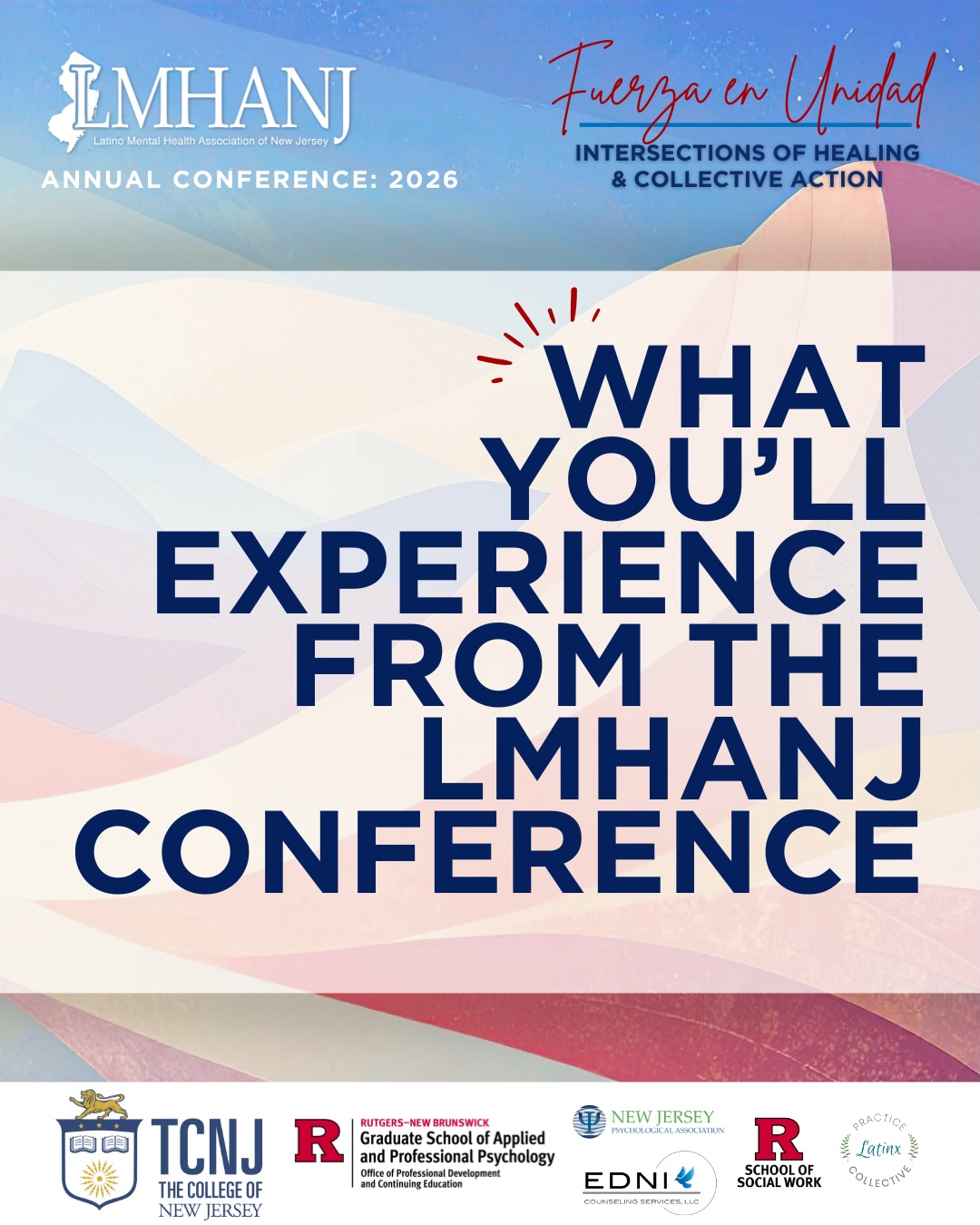 ✨ More than a conference, an experience ✨
Join us for two powerful days of learning, connection, and collective healing at the LMHANJ Annual Conference.
Day 1:
🎤 Keynote speaker address
📚 CEU-approved trainings
🗣 Roundtable discussions on topics impacting our communities
🥂 Happy hour to connect and build community
Day 2:
📚 Additional CEU opportunities
🌬 Breathwork & sound healing experience
🤝 Intentional networking with fellow clinicians
🥁 Closing drum circle to ground, reflect, and end in community
This conference was created for Latinx mental health professionals and allies seeking culturally rooted education, restoration, and connection.
Come learn. Come connect. Come heal together 💛
🔗 Register now at www.latinomentalhealthnj.com