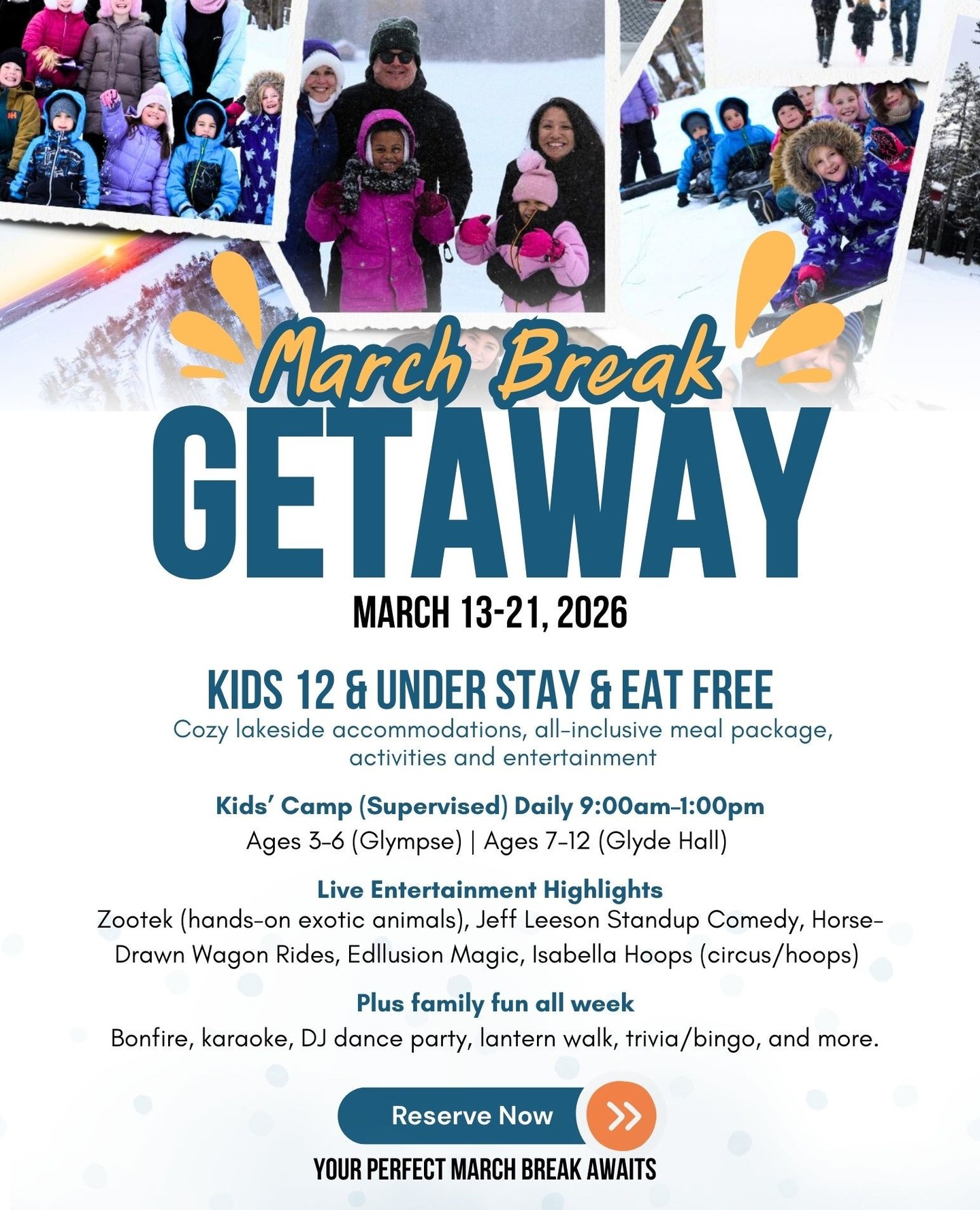 Make your March Break unforgettable at Bayview Wildwood Resort!
All-inclusive meal package and cozy lakeside accommodations.
Kids 12 & under stay & eat free
March 13–21, 2026
Kids’ Camp (supervised) daily 9:00am–1:00pm (Ages 3–6 + 7–12)
Zootek, Jeff Leeson, horse-drawn wagon rides, Edllusion Magic, Isabella Hoops, and more!
Reserve now — link in bio.
#marchbreak #bayviewwildwoodresort #winter #resort #ontario #muskoka #simcoecounty #sparrowlake #todoontario #hotel #familyresort #cottage #wintergetaway #familywinter #winterweekend