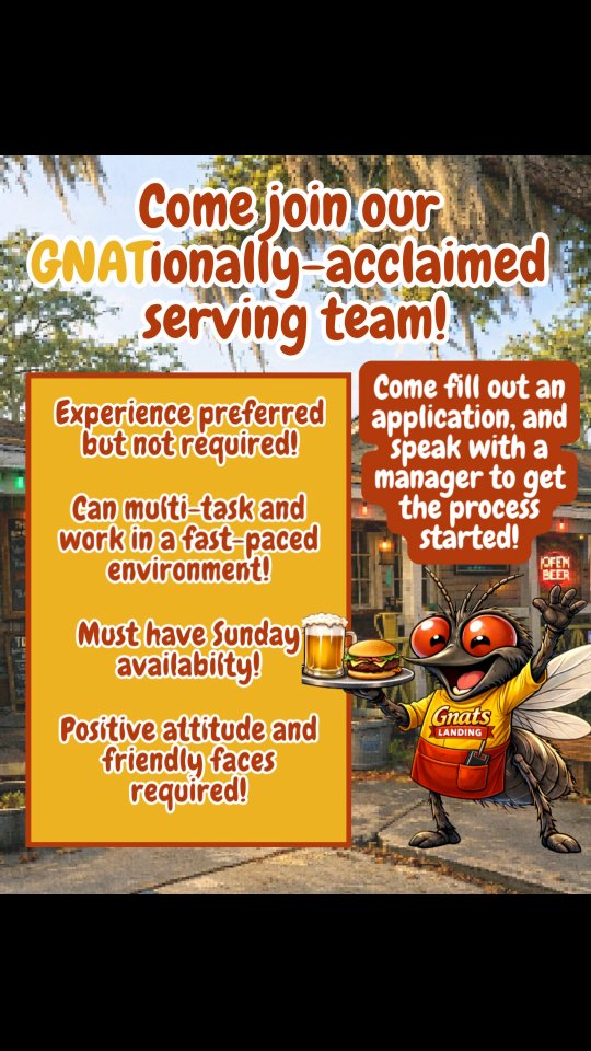 Looking for a part-time or full-time serving job? Free on Sundays? A+ social skills? Like taking tips home daily? If you answered yes to all of those, stop by the restaurant and fill out an application! Looking to hire immediately! Share with your friends! #gnatslandingssi #nowhiring #ssijobs