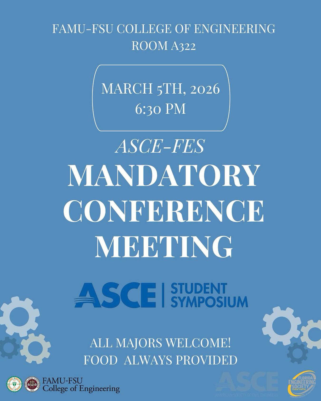 ASCE Southeast Student Symposium is only TEN DAYS AWAY!!!!!!🗓️🗓️🗓️
We will have a MANDATORY conference meeting this Thursday, March 5th at 6:30 pm to go over scheduling details and important information! You must come if you plan to attend conference!
See you there, can’t wait!⭐️⭐️⭐️