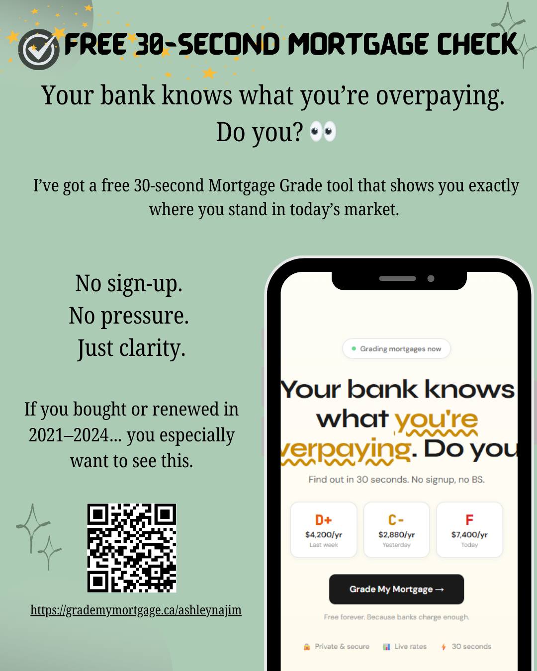 Your bank knows what you’re overpaying…
Do you? 👀
If you bought or renewed in the last few years, there’s a chance your mortgage isn’t performing as well as you think. Rate, term, penalties — it all adds up.
I have a free 30-second tool that gives your mortgage a grade. No sign-up. No pressure. Just a quick reality check.
It takes less time than scrolling this app.
Check yours here 👉 www.grademymortgage.ca/ashleynajim
Because staying informed is cheaper than overpaying.
#MortgageCheck #SarniaMortgage #LambtonCounty #MortgageReview #OntarioHomeowners
