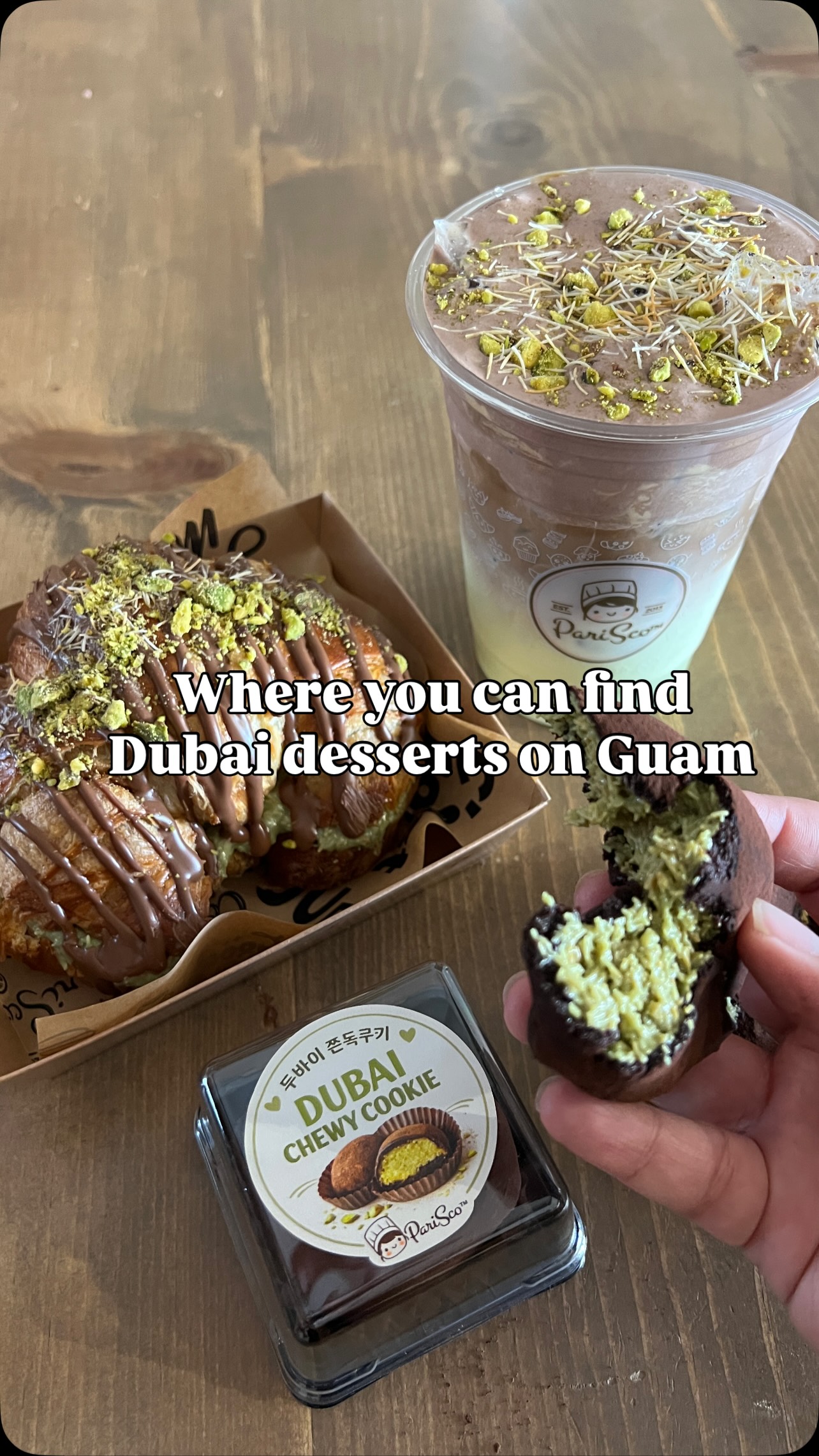 Dubai Dubai Dubai in everything! Which dessert do you want to see our yummy Dubai filling in NEXT? 😍😋#pariscoguam #dubaichewycookie #guam #cafeguam #guamdesserts