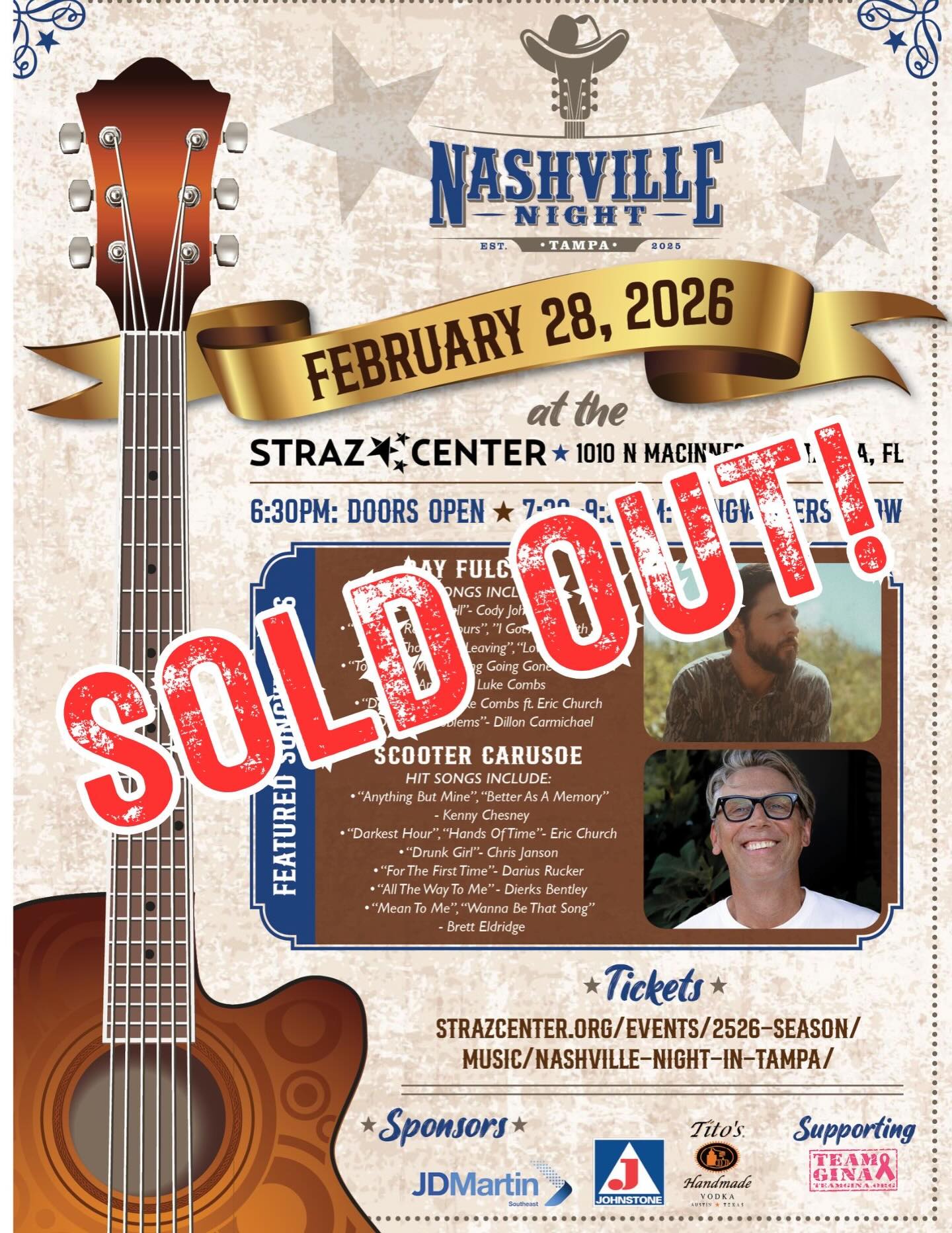 We’re blown away by the support and can’t wait to share an incredible night of songs, stories and the magic that makes these songwriter shows so special.
Tampa, thank you. See you Saturday night!
@strazcenter
@rayfulchermusic
#scootercarusoe