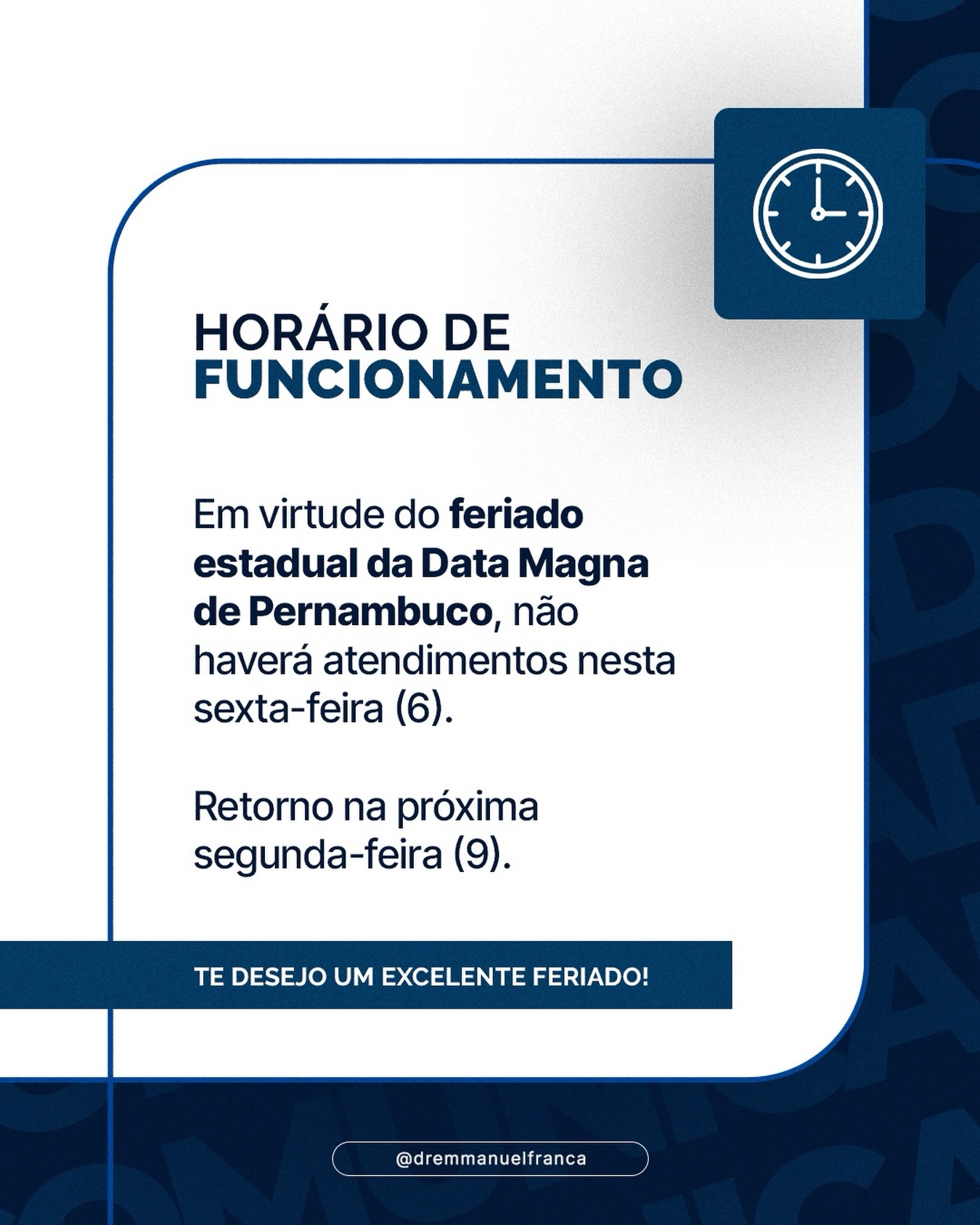 Comunicado sobre atendimento no feriado da Carta Magna de Pernambuco 🗓️
Marque sua consulta pelo link da bio ou ligue para (81) 3036-4040 📲