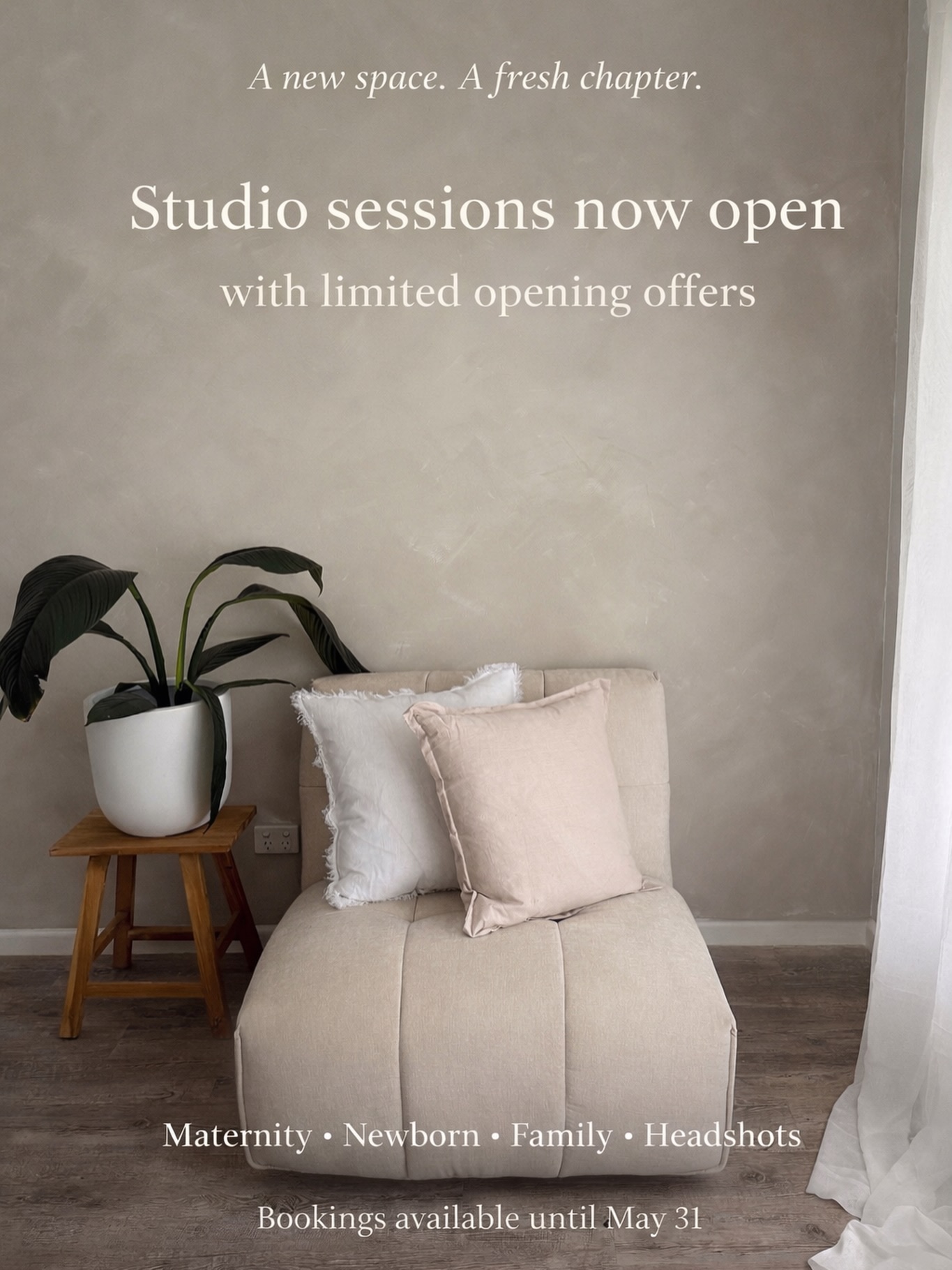 There’s something really special about opening a space that’s been built with so much intention.
This little studio has slowly come together during a season of rebuilding for me… not just in business, but in life too. And now it finally feels ready to welcome you in…even though there’s still a list of things I want to add, but my bank account said not today 😅
To celebrate, I’m opening up a limited number of sessions at a special rate.
Not because the work is worth less… but because I want more families to experience it.
What’s available:
• 50% off maternity, sitter, family + motherhood sessions
• Newborn sessions reduced from $850 to $550 (saving $300)
• Commercial headshots – 5 images for $150
Every session also includes access to my client wardrobe, so you don’t have to stress about what to wear. I’ve created pieces that photograph beautifully and feel comfortable, especially for mums.
When:
Valid for bookings made before May 31st
Availability:
• Fridays (studio days)
• Limited weekends
• April school holidays (Monday–Friday)
This space is calm, simple, and created to let you just be… with your babies, your bump, your people.
If you’ve been thinking about booking in, this might be your sign 🤍
Send me a message to secure your spot.