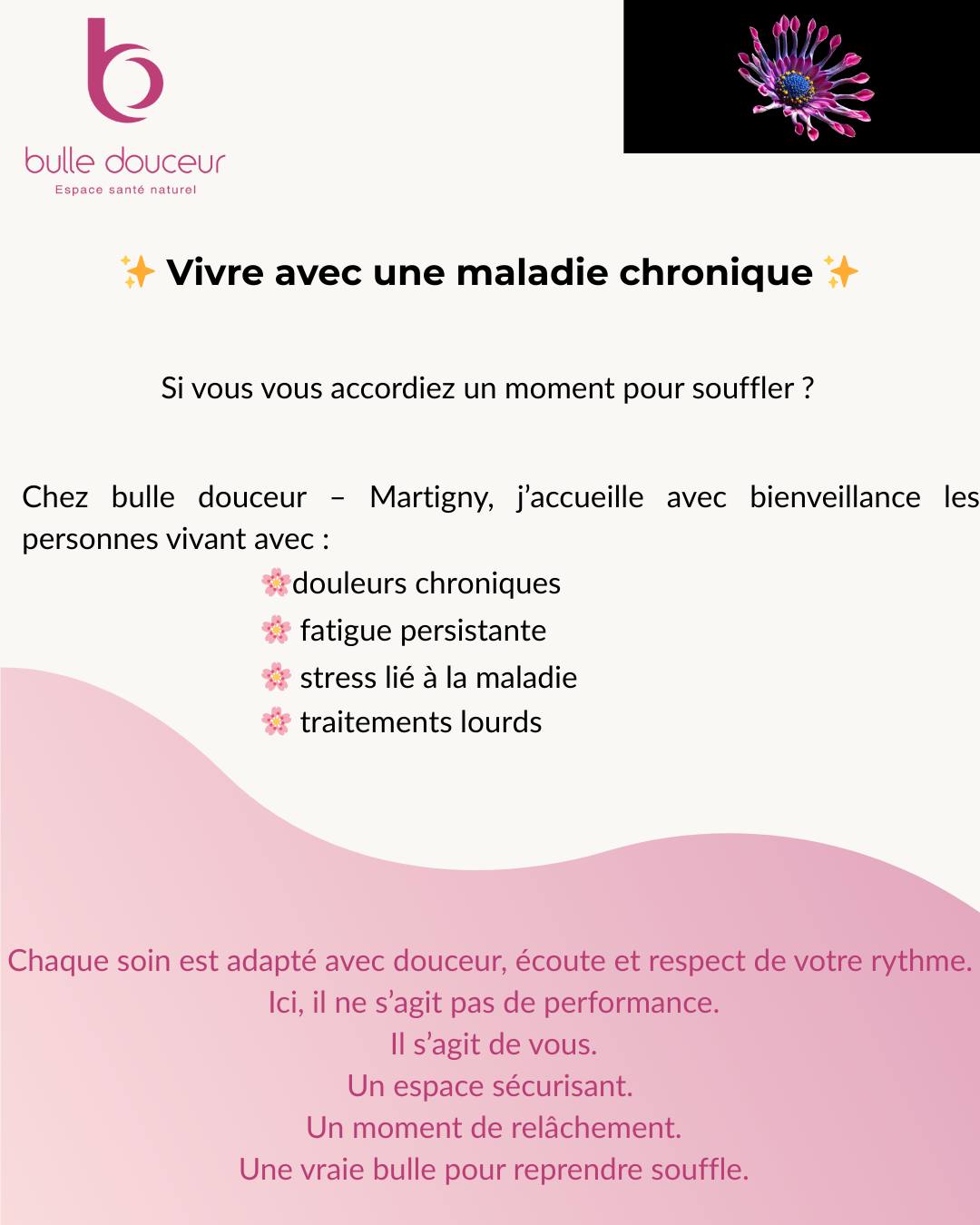 Vous vivez avec une maladie chronique ?
Votre corps traverse déjà beaucoup.
Ici, vous pouvez déposer un peu du poids.
Prenez rendez-vous et offrez-vous une pause profondément respectueuse de votre état.
📍 Martigny – Valais
📅 Sur rendez-vous uniquement
👉 Réservez votre moment sur www.bulle-douceur.ch
Vous méritez aussi de la douceur.
#Martigny #Valais #MaladieChronique #DouleursChroniques #BienÊtre #Soutien #SuisseRomande #BulleDouceur