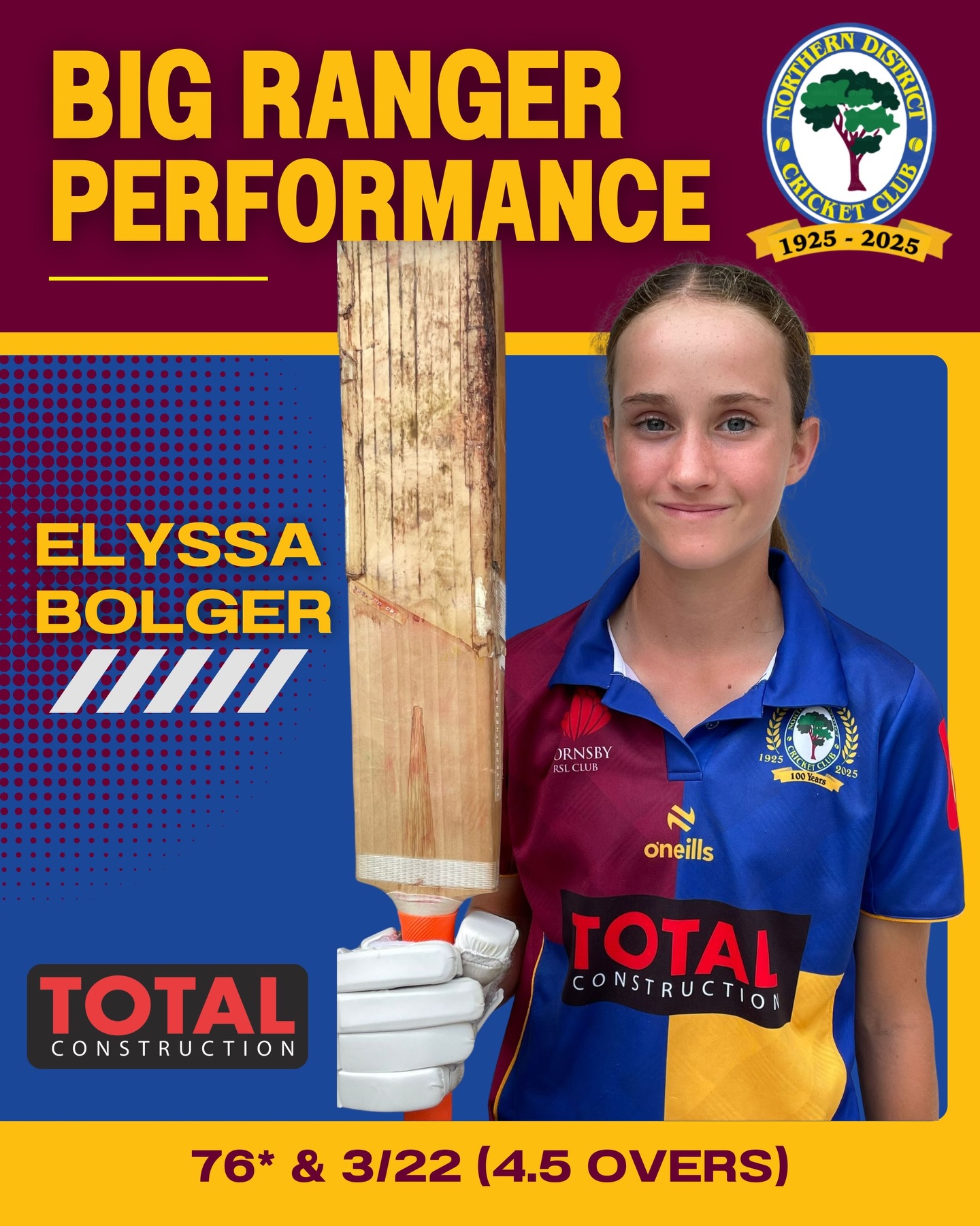 🌳 Big Ranger Performance 🌳
Proudly brought to you by Total Construction
On Sunday against Blacktown, middle order batter & vice-captain, Ellysa Bolger came to crease with NDs under pressure. Her knock of 76 not out off 101 balls was a great performance and her partnership with Issy O’Connell was a highlight (142 runs). Ellysa scored runs all around the wicket, manipulating the field with front and back foot shots. She then backed it up in the field. In hot humid conditions, she secured 3 wickets for 22 from 4.5 overs to help NDs to the win. Well done Elyssa!