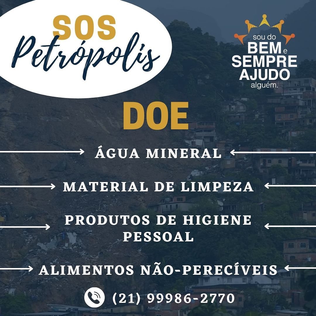 O instituto Sou do Bem e Sempre Ajudo Alguém está recebendo doações para as vítimas da forte chuva que atingiu a cidade de Petrópolis, na Região Serrana do Rio.
#doação #solidariedade #instituto