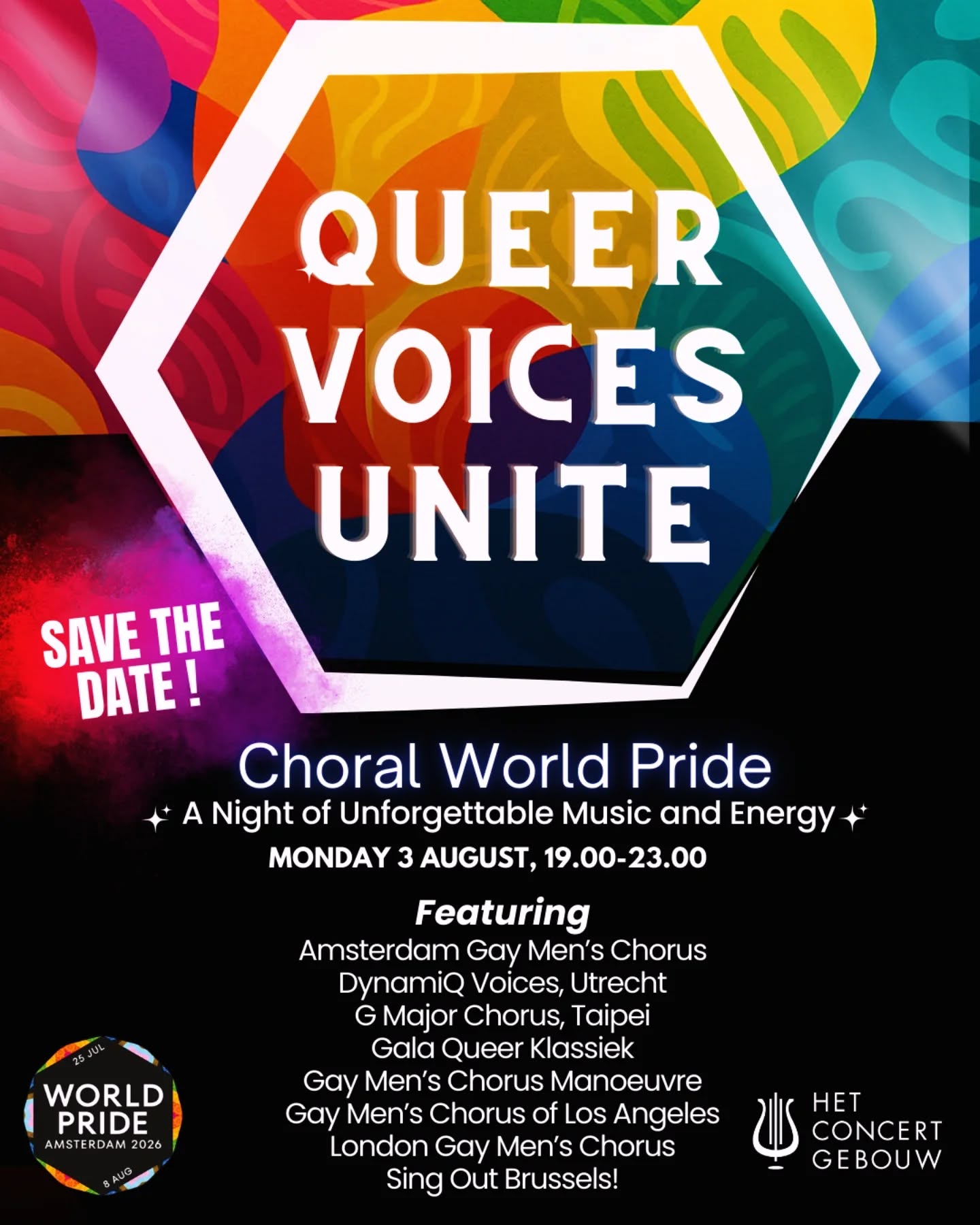 We're excited to announce that later this year at @worldpride2026 @prideamsterdam we'll be uniting with choruses from the Netherlands and around the globe in Queer Voices Unite, kindly hosted by the @concertgebouw, one of the most beautiful concert halls in the world.
Joined under the World Pride theme of 'unity', on Monday 3 August we'll come together for a unique night of music and energy, bringing you repertoire from different corners of the world.
Come see our @amsgmc singers and dancers perform alongside our queer friends from @manoeuvreamsterdam
@galakoor.nl @dynamiqvoices @gaymenschorusla
@ldngmc @singoutbrussels and G Major Chorus Taipei. We look forward to welcoming them all to Amsterdam!
Tickets are due to go on sale on Thursday 5th March via the Concertgebouw official website 🎶🕺🏽🏳️🌈🏳️⚧️