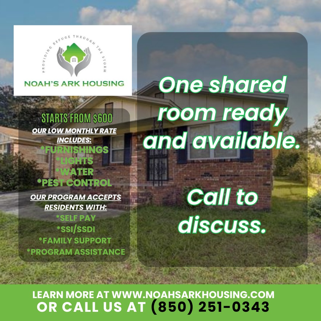 🚨 VACANCY ALERT! 🚨
We have one shared room ready and available in Tallahassee! For just $600/month, get a fully furnished space with ALL utilities, furniture, and pest control included.
We take you from "homeless to hopeful" with a stable, supportive environment.
✨ Don't wait—this won't last long!
📱 Call (850) 251-0343
💻 Visit noahsarkhousing.com
#NoahsArkHousing #Tallahassee #AffordableHousing #RoomAvailable