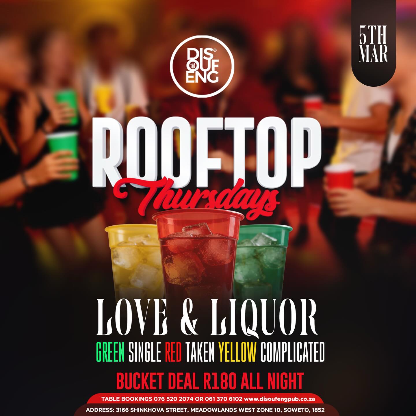 Have no plans this weekend? Worry not… we’ve got you covered! 💃🏽🍾
✨ Friday – High Energy Friday at the Green Room
Start the weekend the right way with nothing but pure vibes!
✨ Saturday – Kitchen Party Takeover
• HerWellness Session
• Disoufeng Wellness Day
• Special appearance by Lerato Kganyago
✨ Matured Sunday – Celebrating International Women’s Day 🌸
With Refiloe Motsei Radebe & Tenacity (Jozi FM)
Good music. Good company. Grown vibes only.
✨ African Cuisine Monday – Soul, R&B & Ballad Edition 🎶
Great food meets timeless classics.
One venue. One weekend. Endless memories.
#DisoufengWeekend #WeekendSorted #WomensDayCelebration 💛