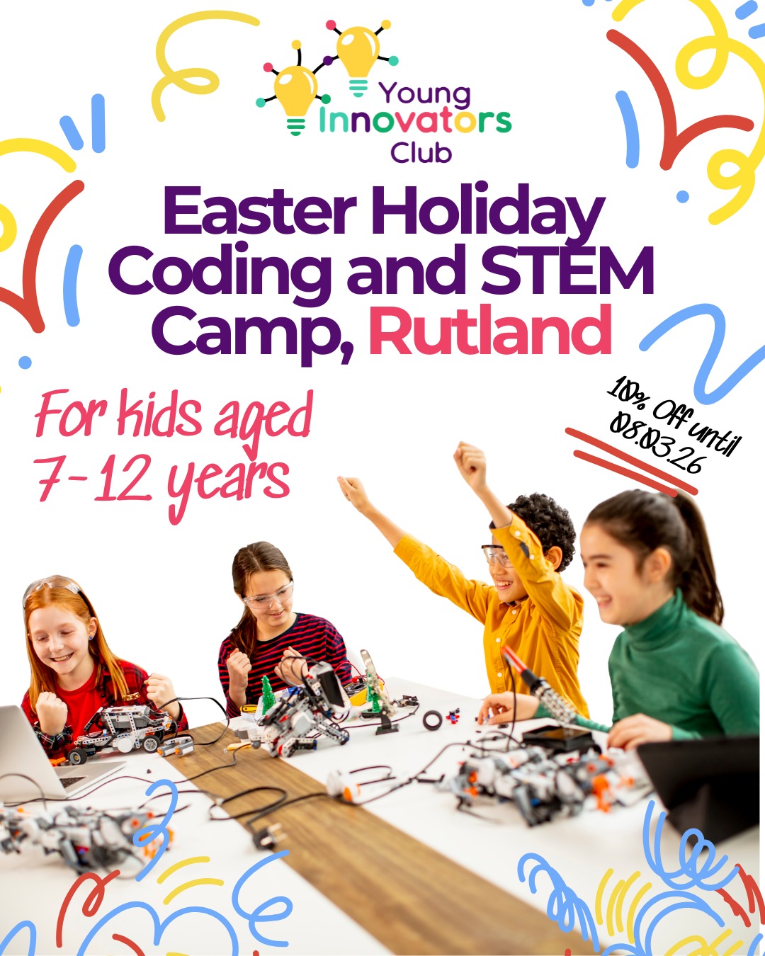 Join us during the Easter holidays at the Oakham Guide Hut for four days of coding, robotics, engineering, design, and creativity!
- 10am-4pm (9am-5pm extended hours)
- 10% discount running until 8th March
- Run by a fully qualified, experienced teacher, and teaching assistant
Places sell out fast, so please do book early to avoid disappointment.