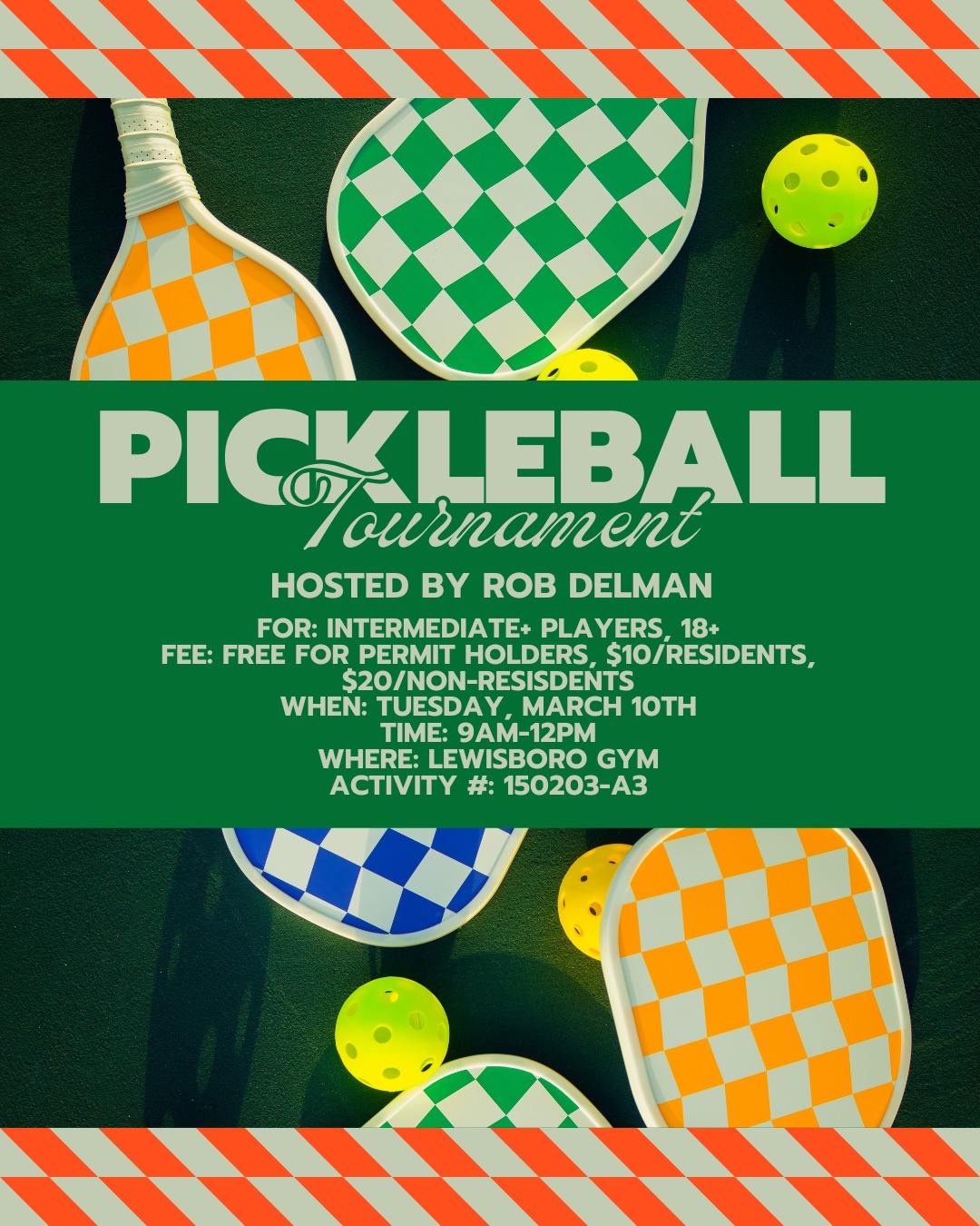 Join us for an Intermediate+ Pickleball Tournament on March 10th at LES! Permit holders play free, $10 for residents, & $20 for non-residents. Prize awarded to the first place player! Sign up today - spots are limited.